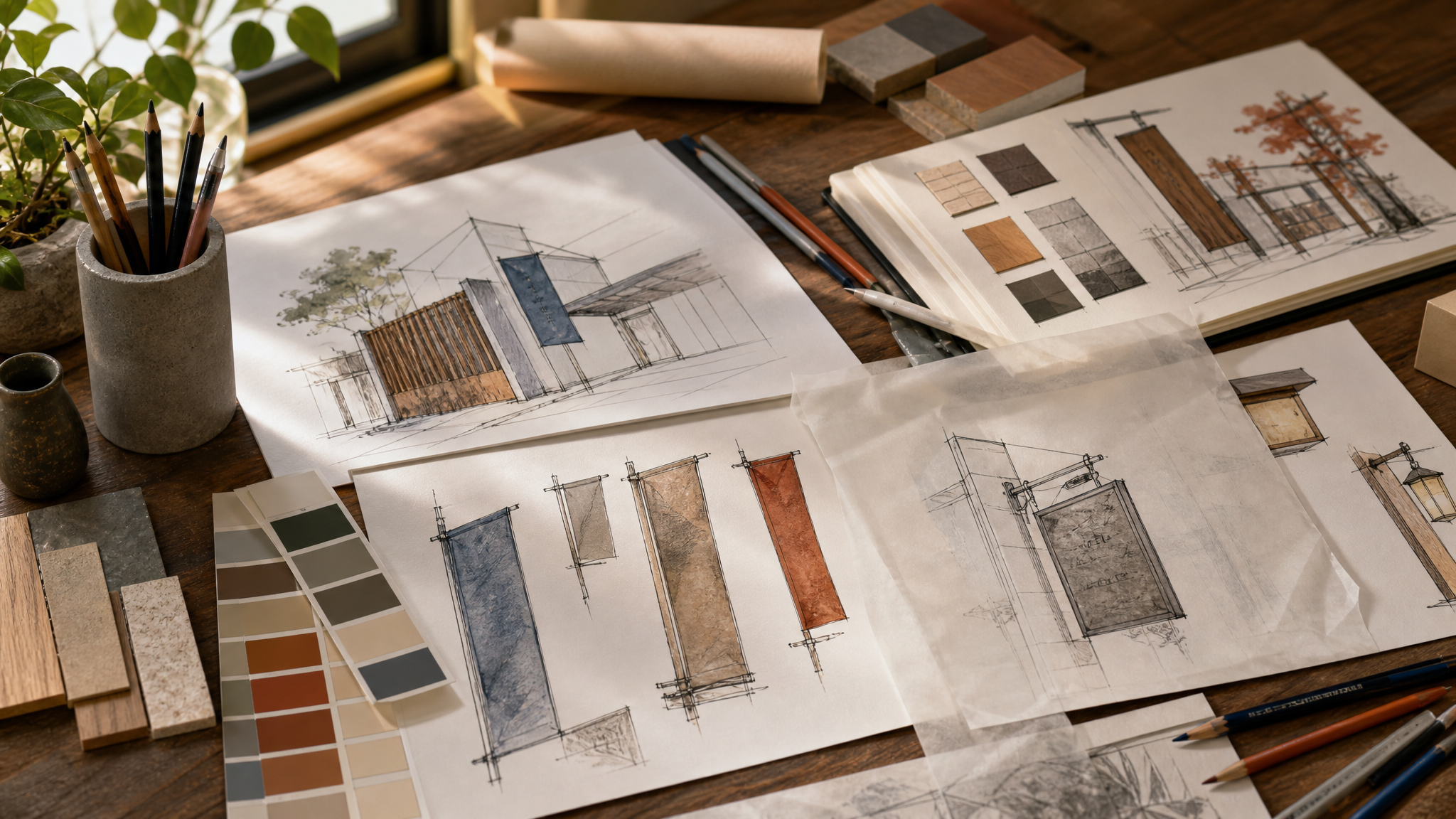 Designer materials for environmental graphics including color swatches, signage sketches, and street elevation drawings on a worktable