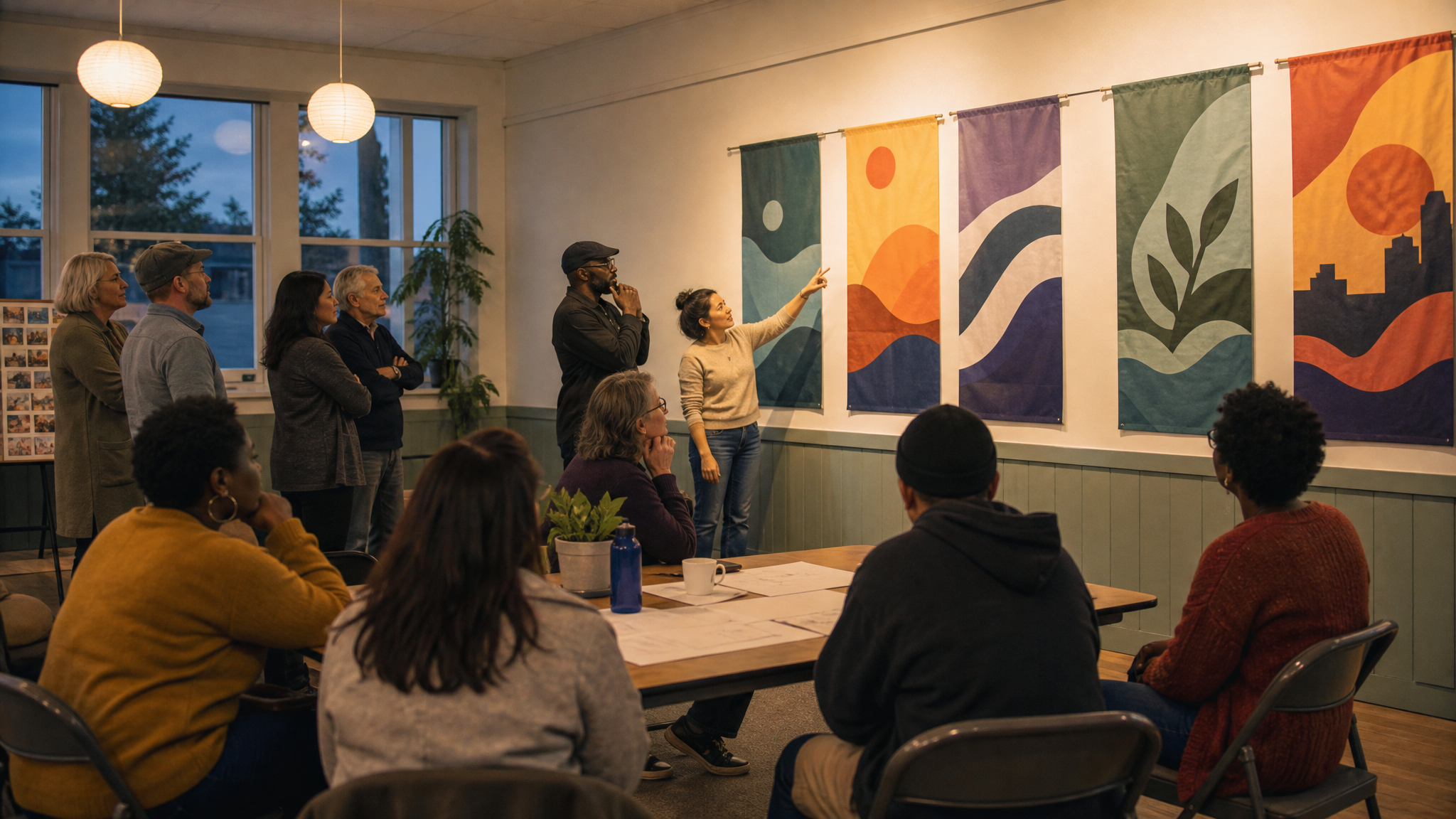 Community members reviewing large printed banner concepts pinned to a wall in a neighborhood meeting space