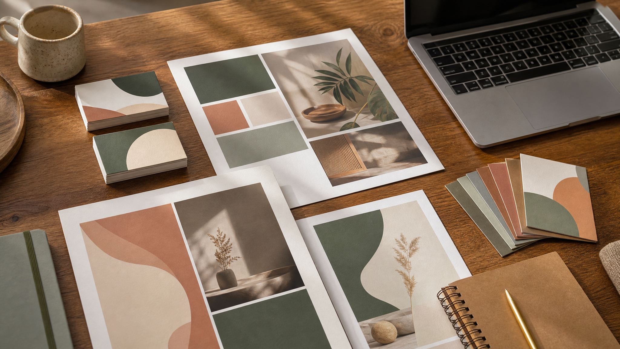 Desk with coordinated printed proposal pages, social media mockups, color swatches, and neatly arranged brand materials in a small business setting