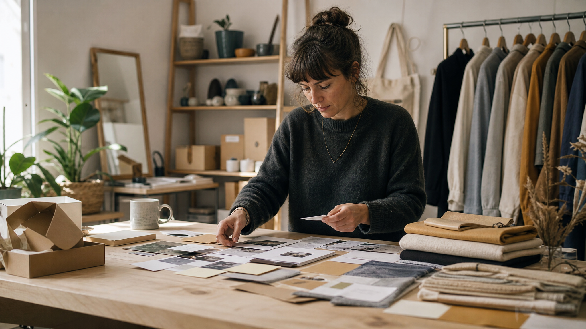 Entrepreneur in a compact retail or studio space organizing marketing assets, product notes, and promotional materials across a worktable
