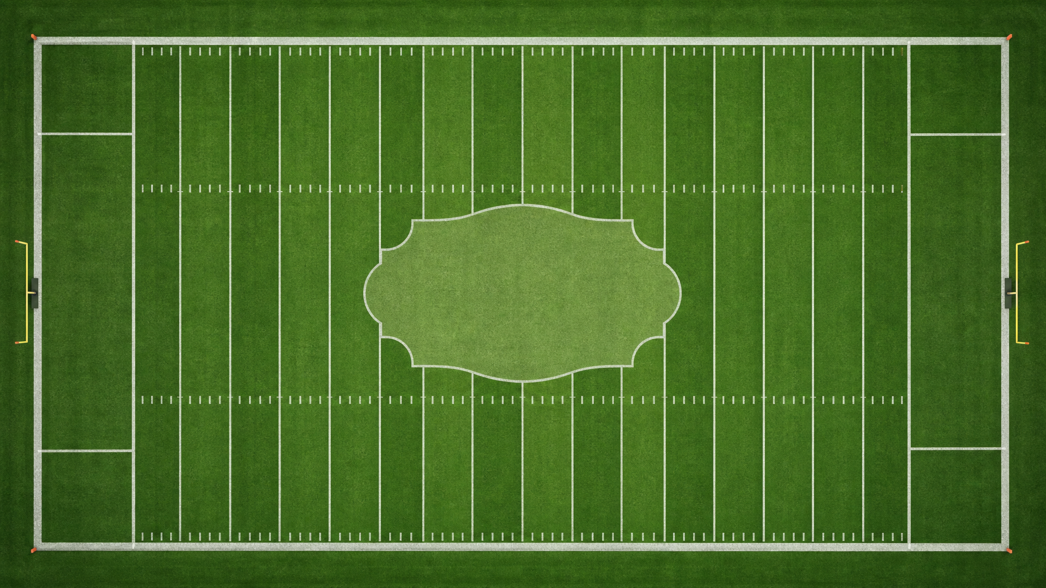 Wide overhead view of a football field showing yard lines, hash marks, and a distinct branded zone integrated into the turf composition