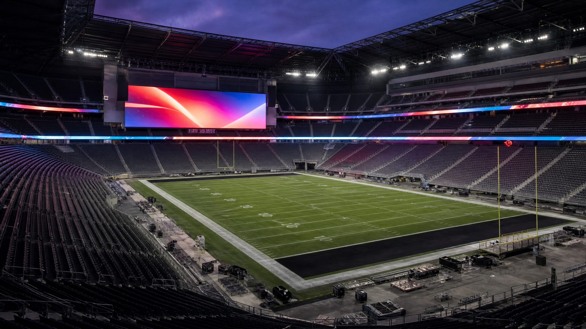 Interior stadium view with a large videoboard, ribbon LEDs, and the field visible below to show multiple branded touchpoints in one environment