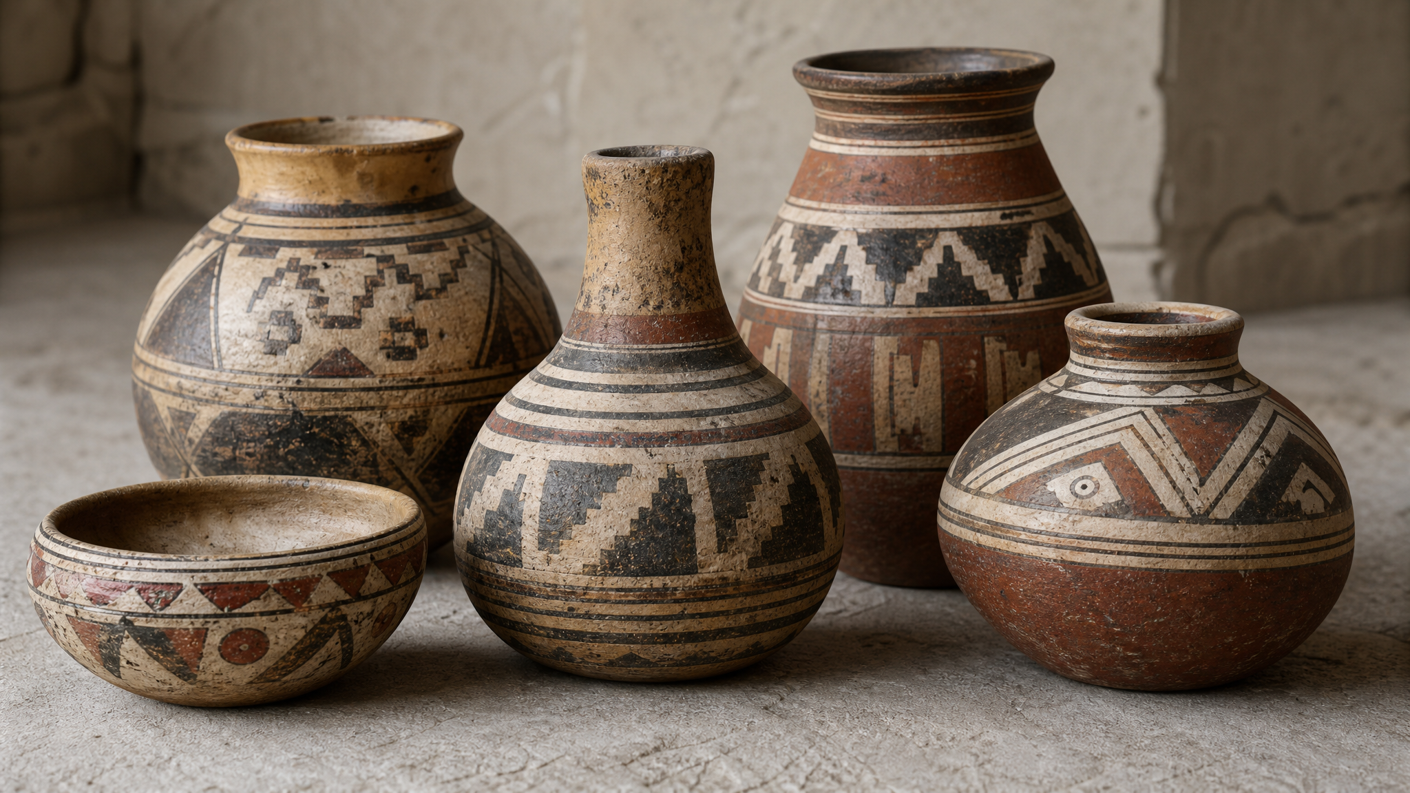 Close view of painted ceramic vessels with repeating geometric motifs and varied shapes on a neutral surface