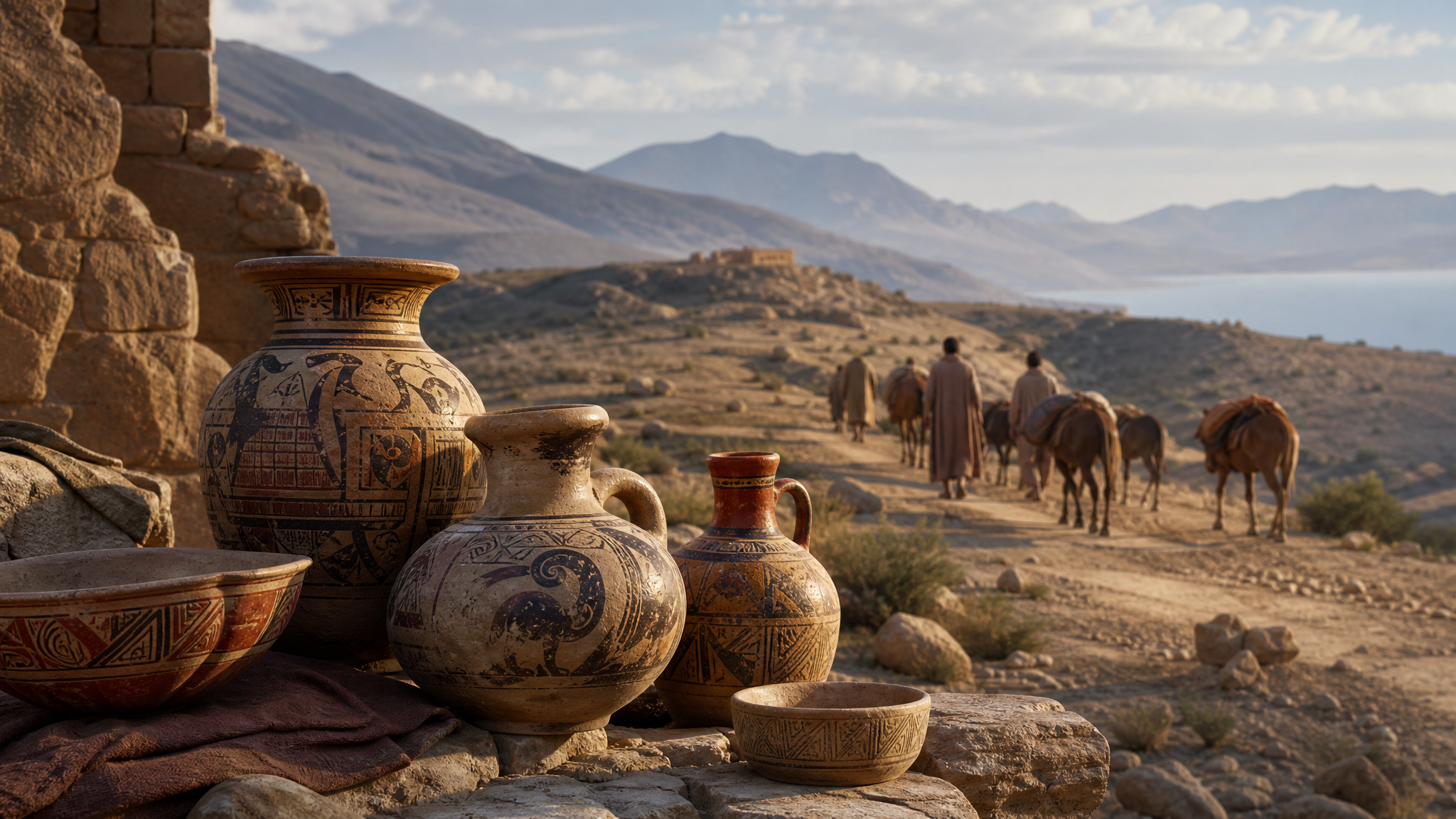 Ceramic vessels placed along a desert trade route with distant hills suggesting long-distance movement