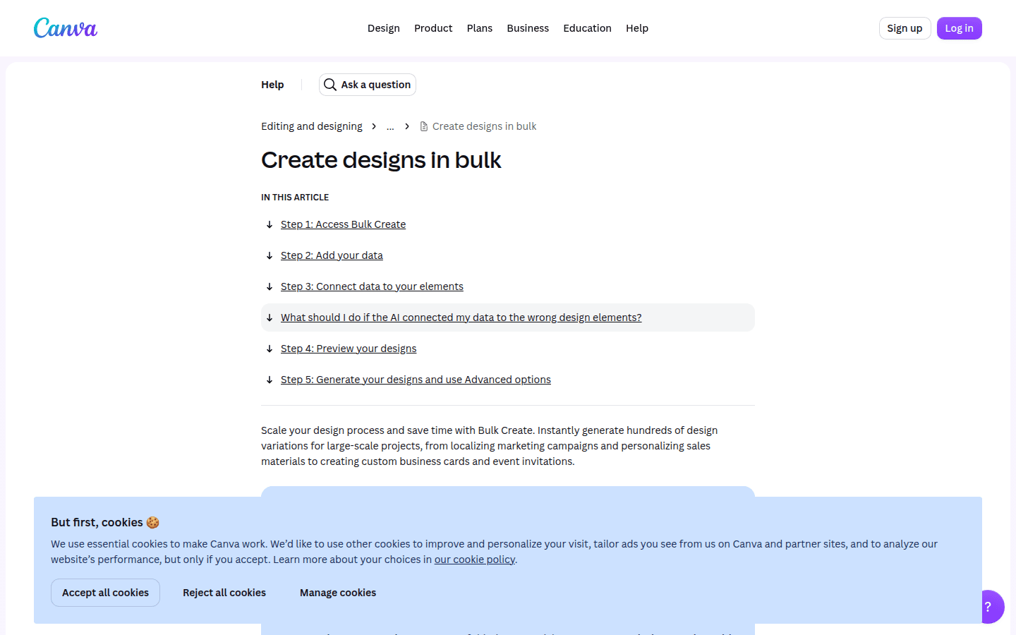 Canva Bulk Create help page showing spreadsheet-based design variations and accepted CSV or XLSX uploads