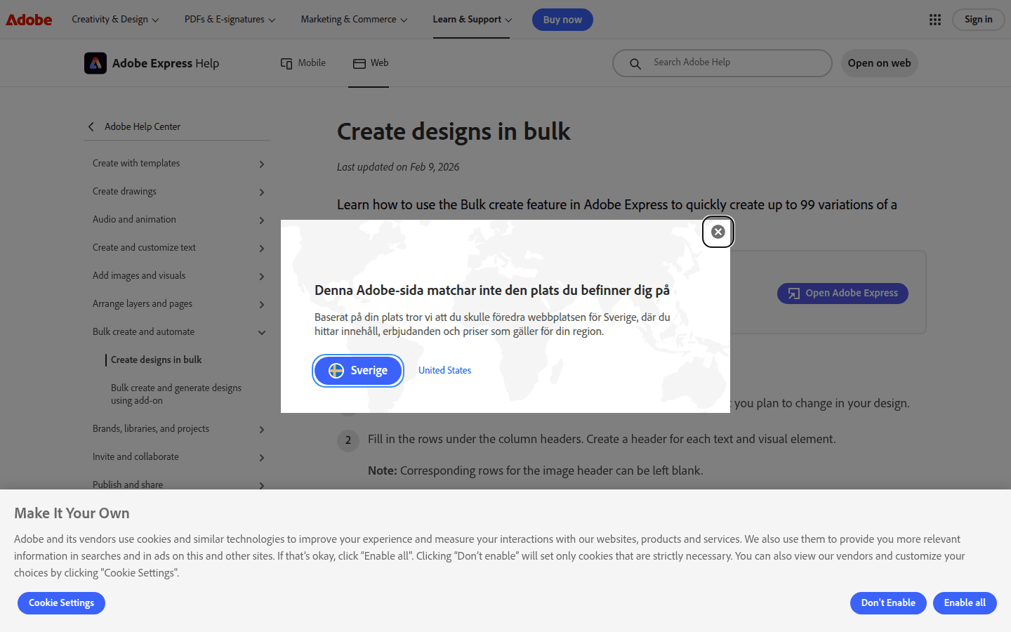 Adobe Express bulk create documentation showing CSV workflow and the 99 variation limit