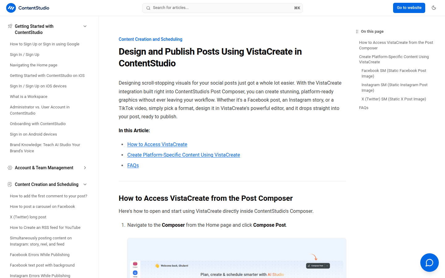ContentStudio documentation showing VistaCreate integration inside the Post Composer