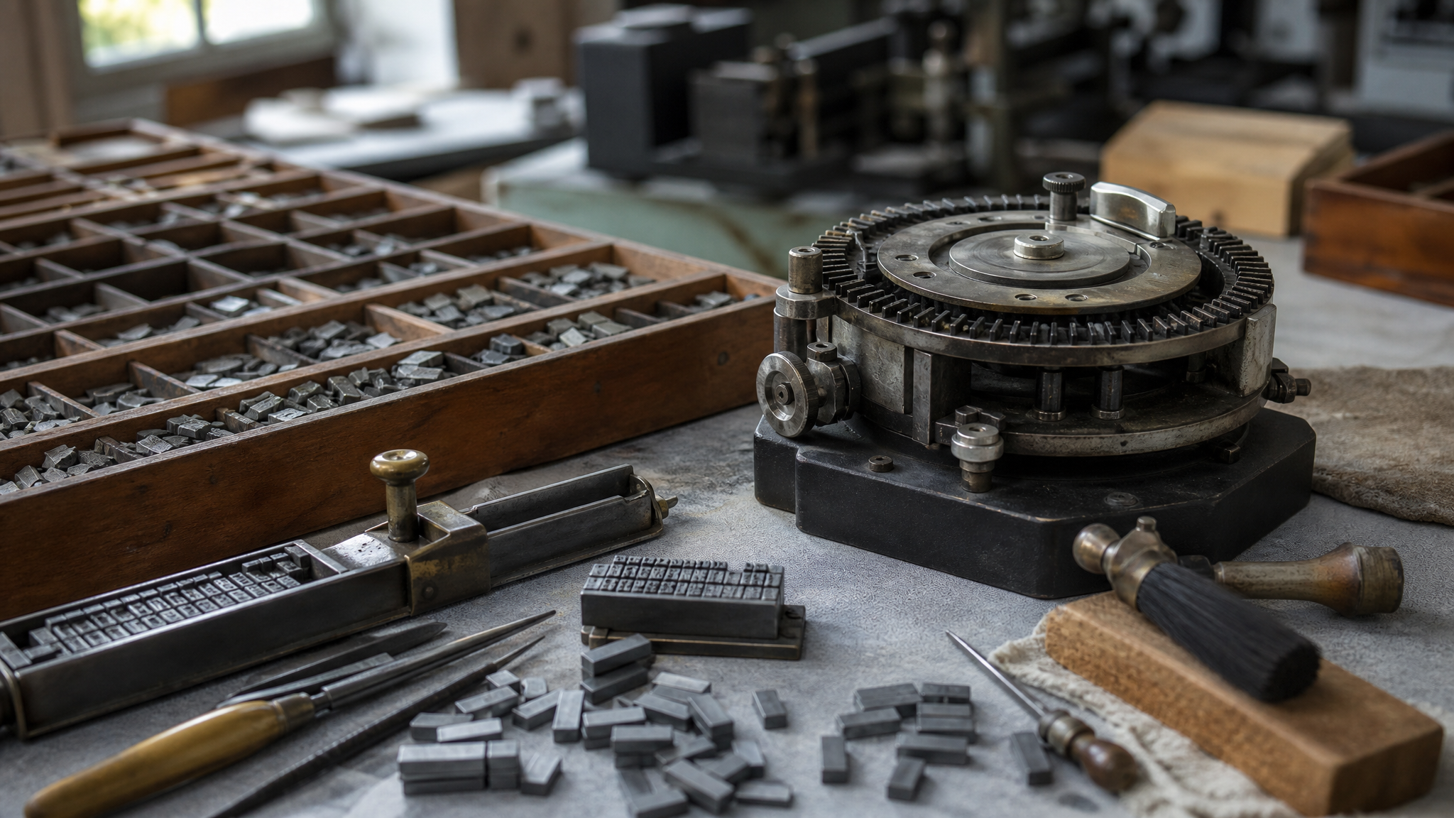 Close view of a historic photocomposition machine component beside metal type sorts on a worktable