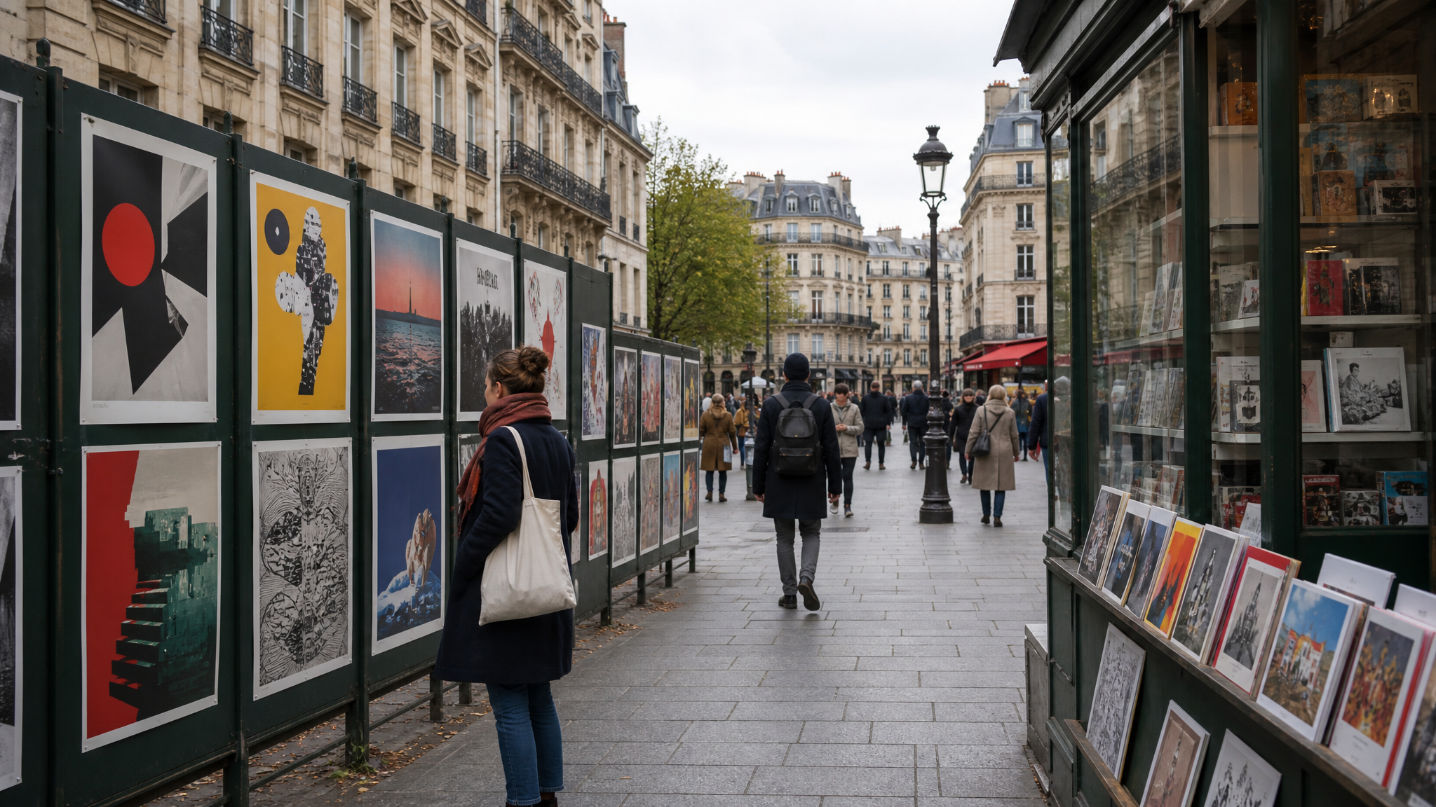 Printed posters and publications displayed in an urban streetscape near stone buildings