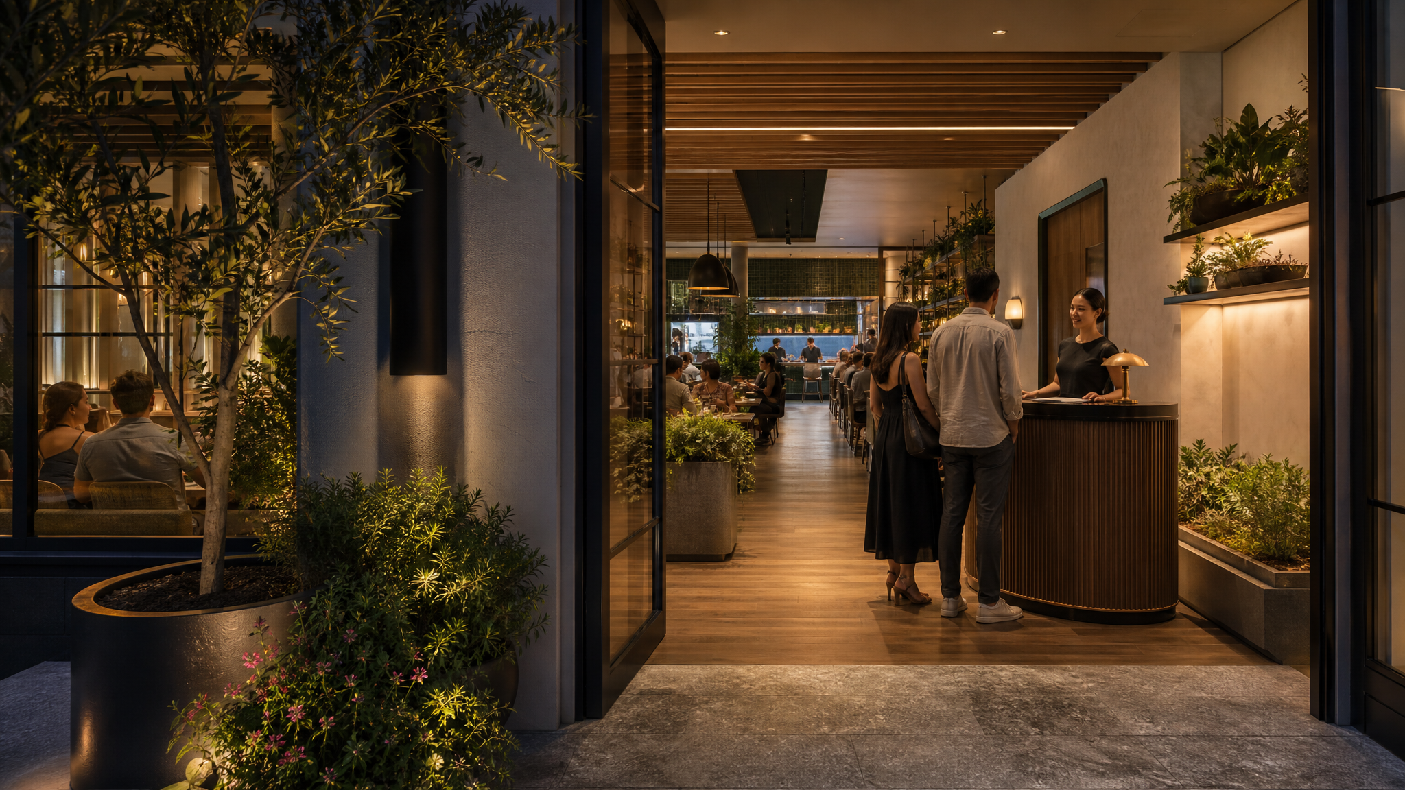 Restaurant entrance with strong curb appeal leading into a clearly organized dining room