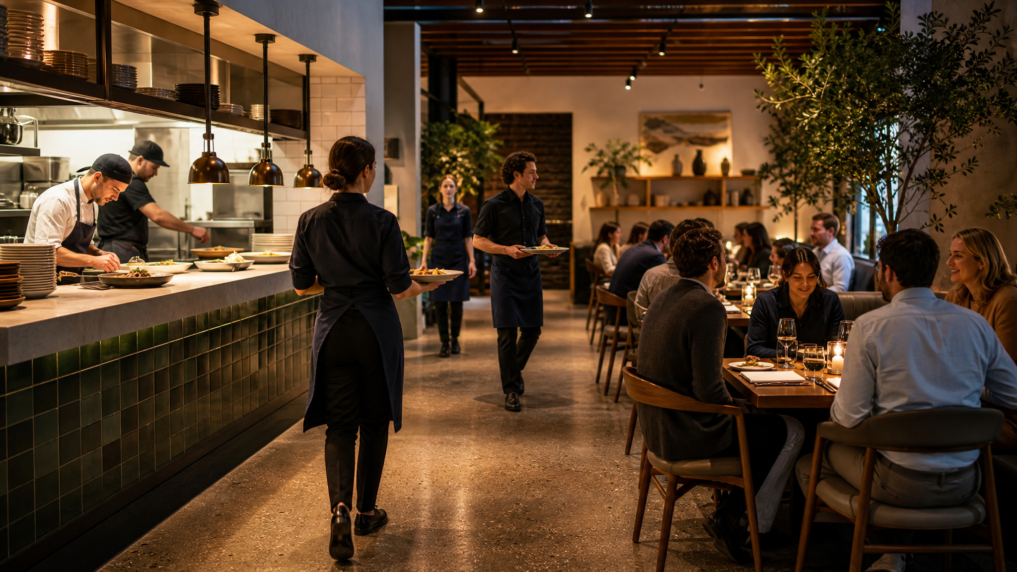 Busy restaurant staff moving through a well-planned service path between kitchen and tables