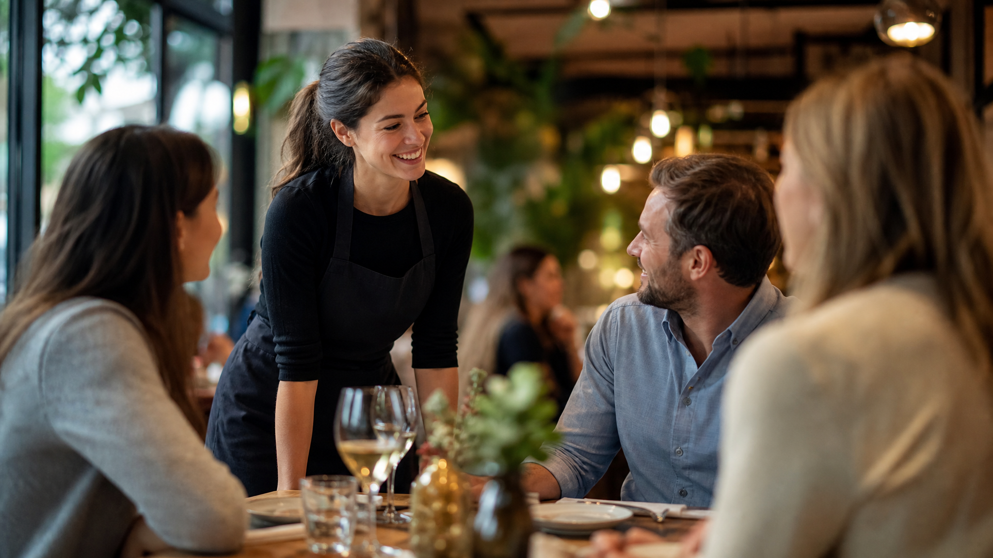 Server greeting guests warmly at a restaurant table in a calm, attentive dining atmosphere