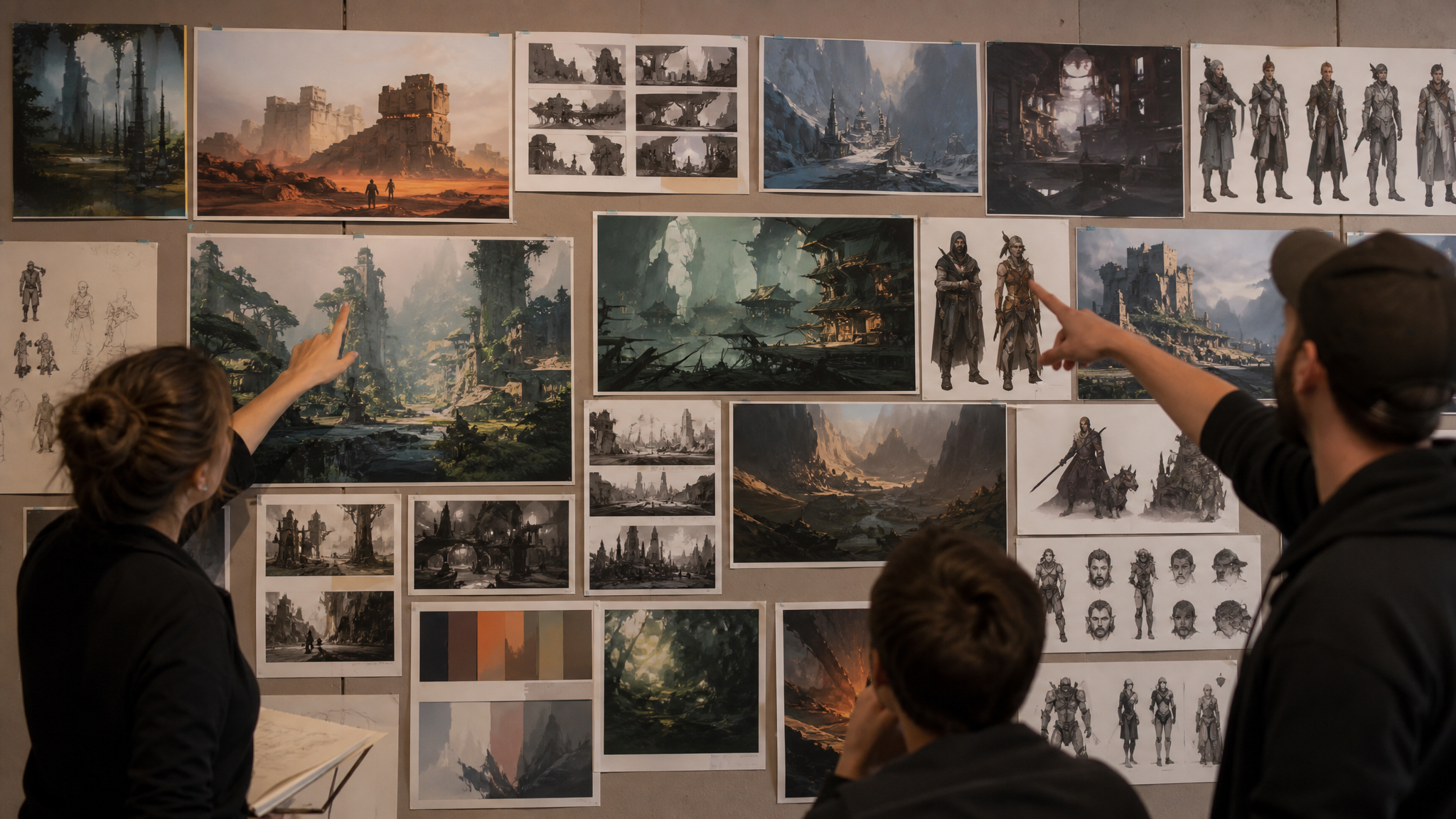 A curated wall of diverse game concept art pinned side by side in a studio, suggesting many original titles emerging from one region
