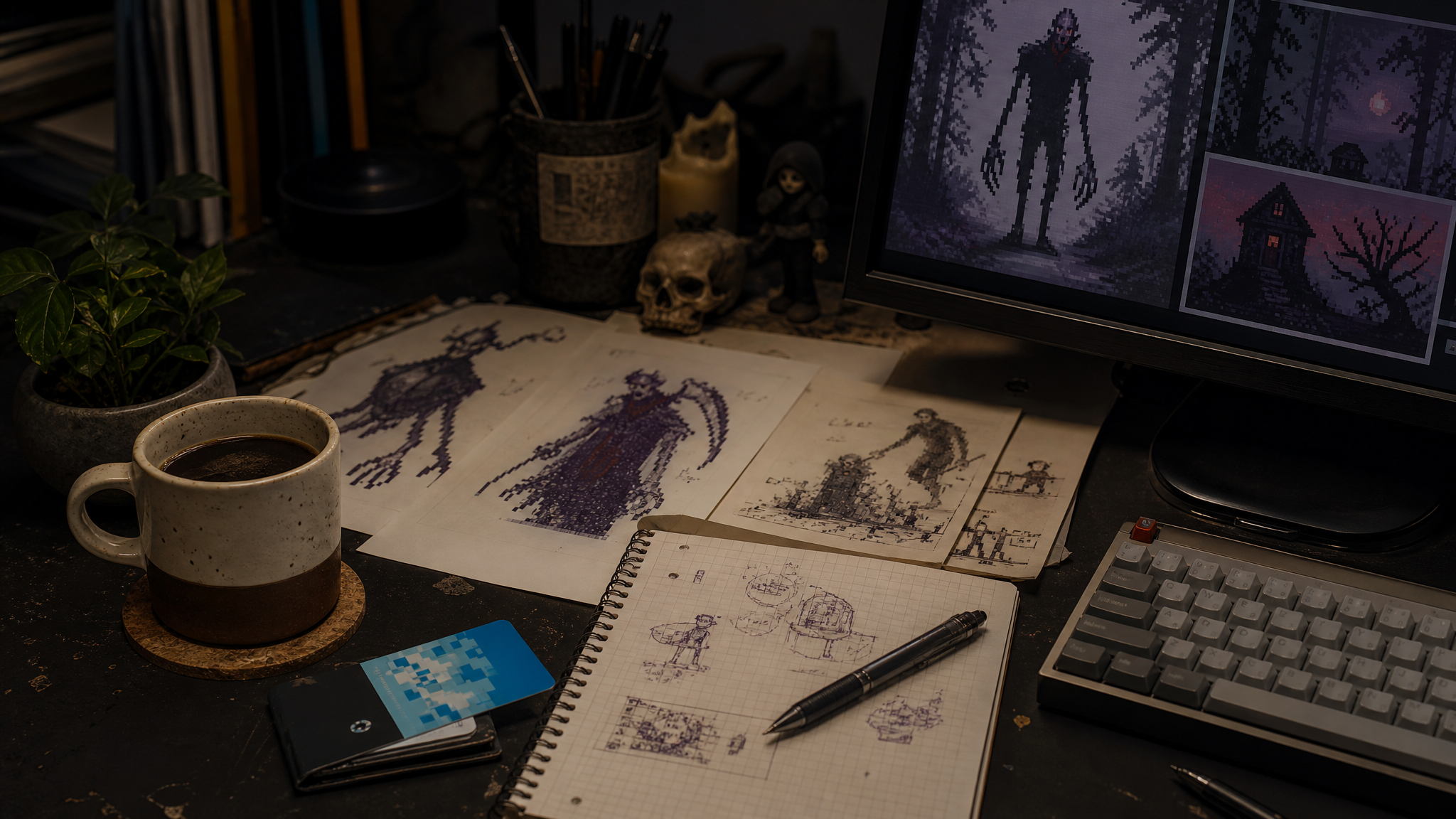 A desk scene combining everyday office objects with moody pixel-art sketches, reflecting how ordinary work-life feelings can become game worlds