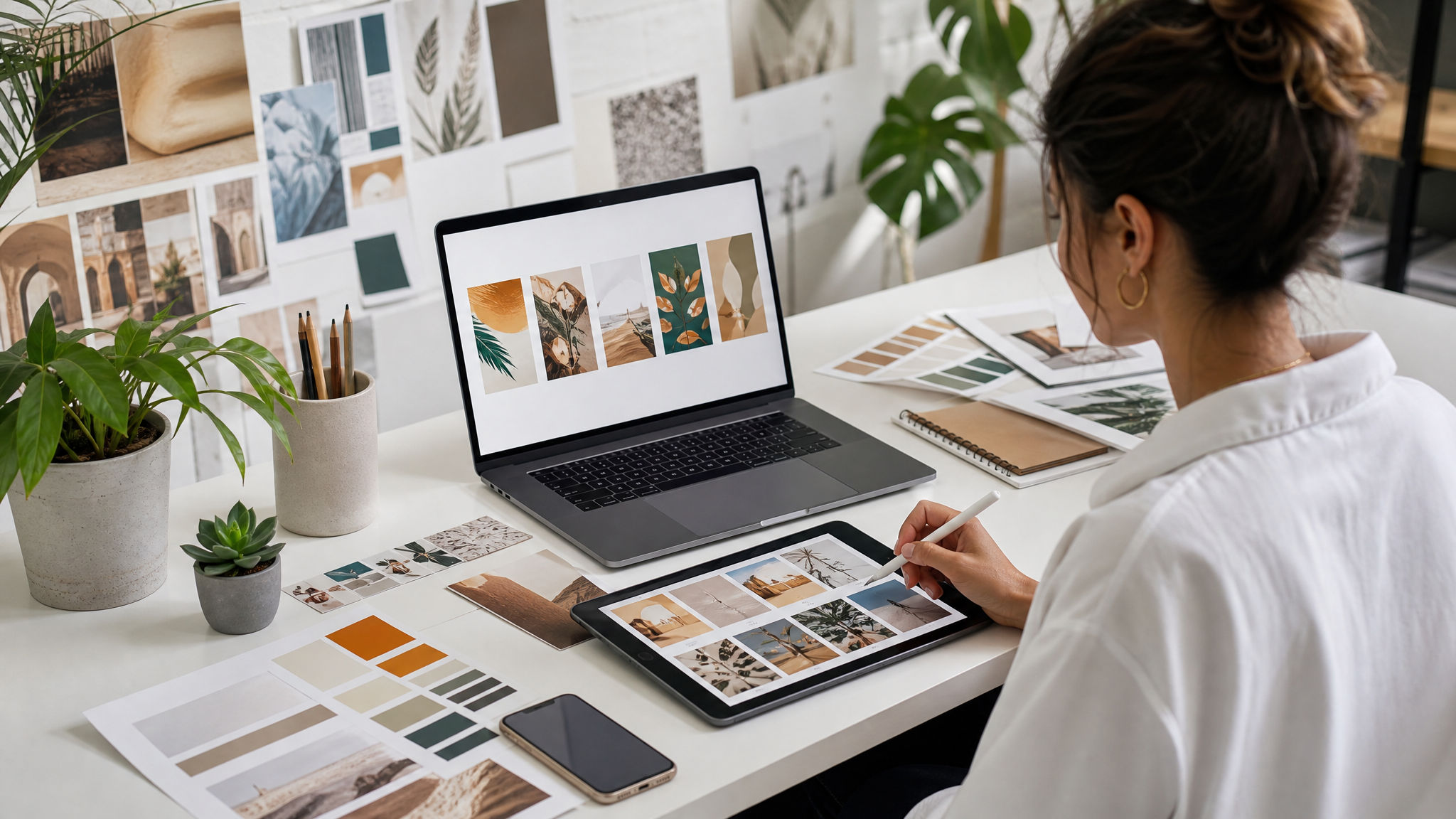 Designer building social media carousel layouts on a desktop workspace