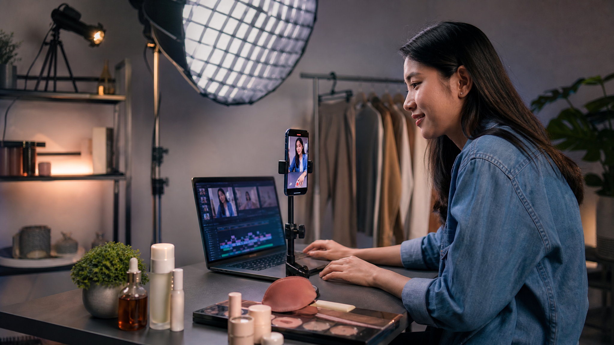 Creator filming and editing short vertical video content in a small studio