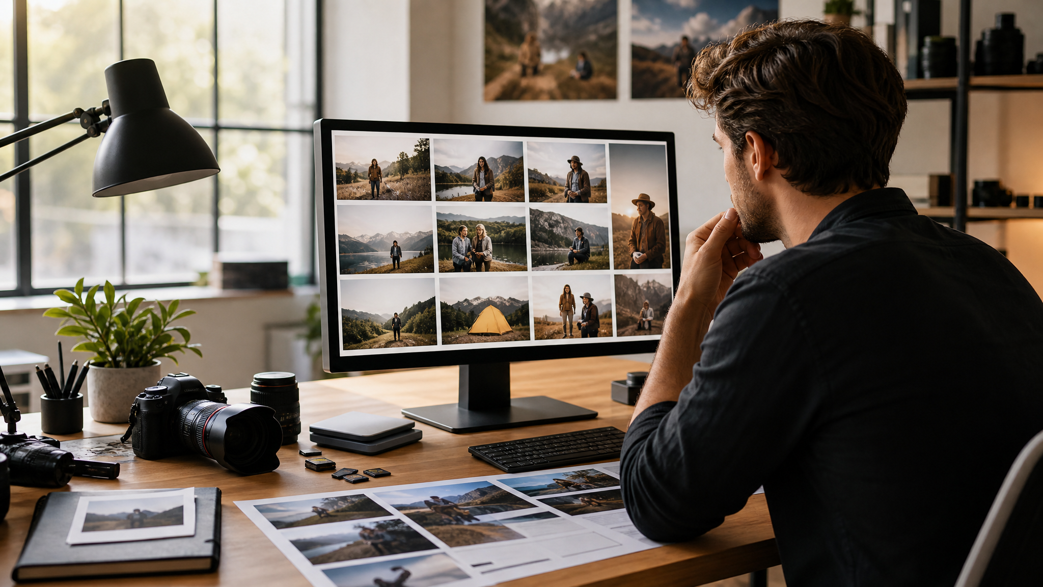 Photographer reviewing a batch of edited lifestyle photos with consistent color