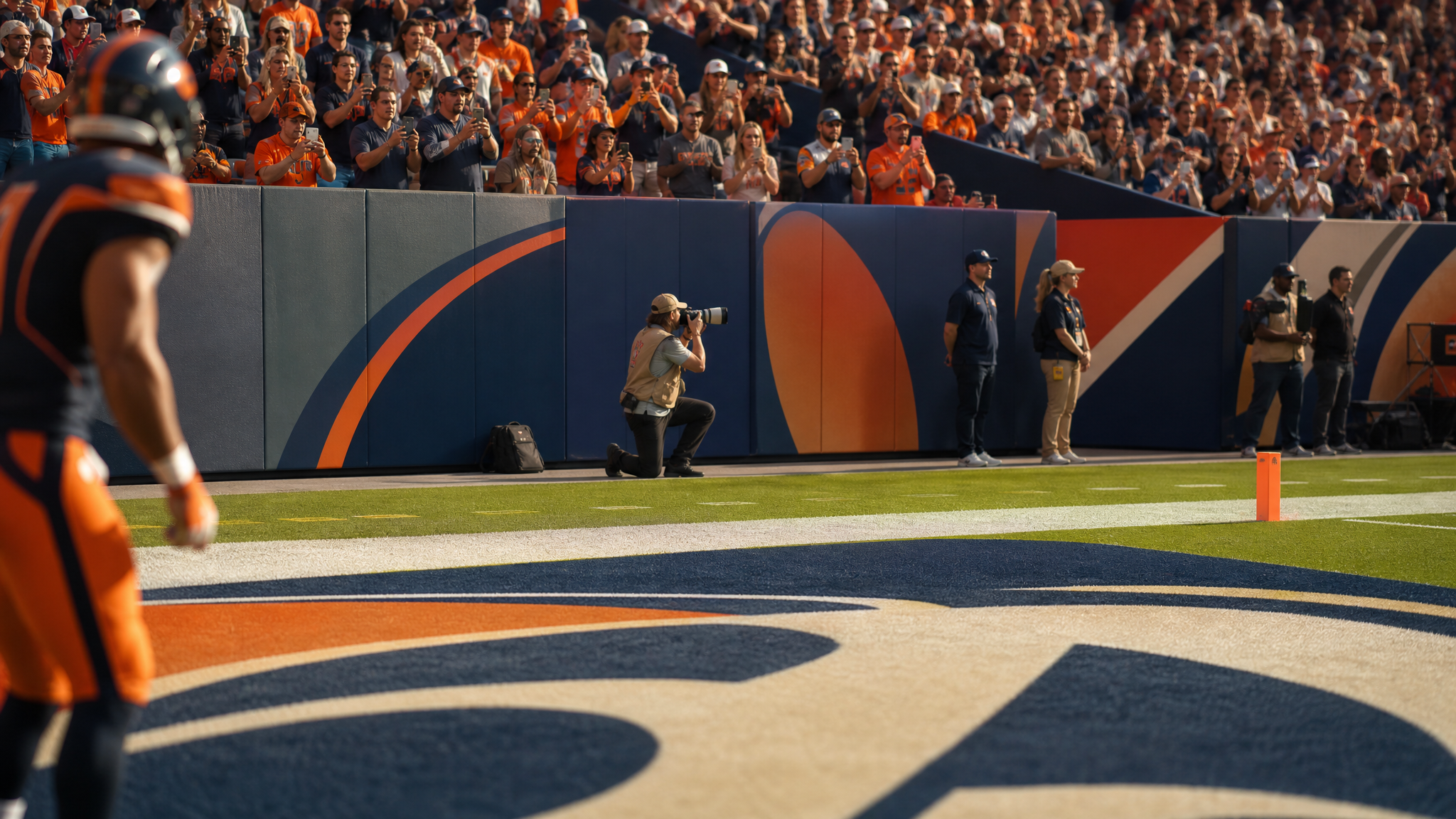 Oblique sideline view of turf with painted graphics, stadium signage, and a smartphone-style social media backdrop implied through environment only