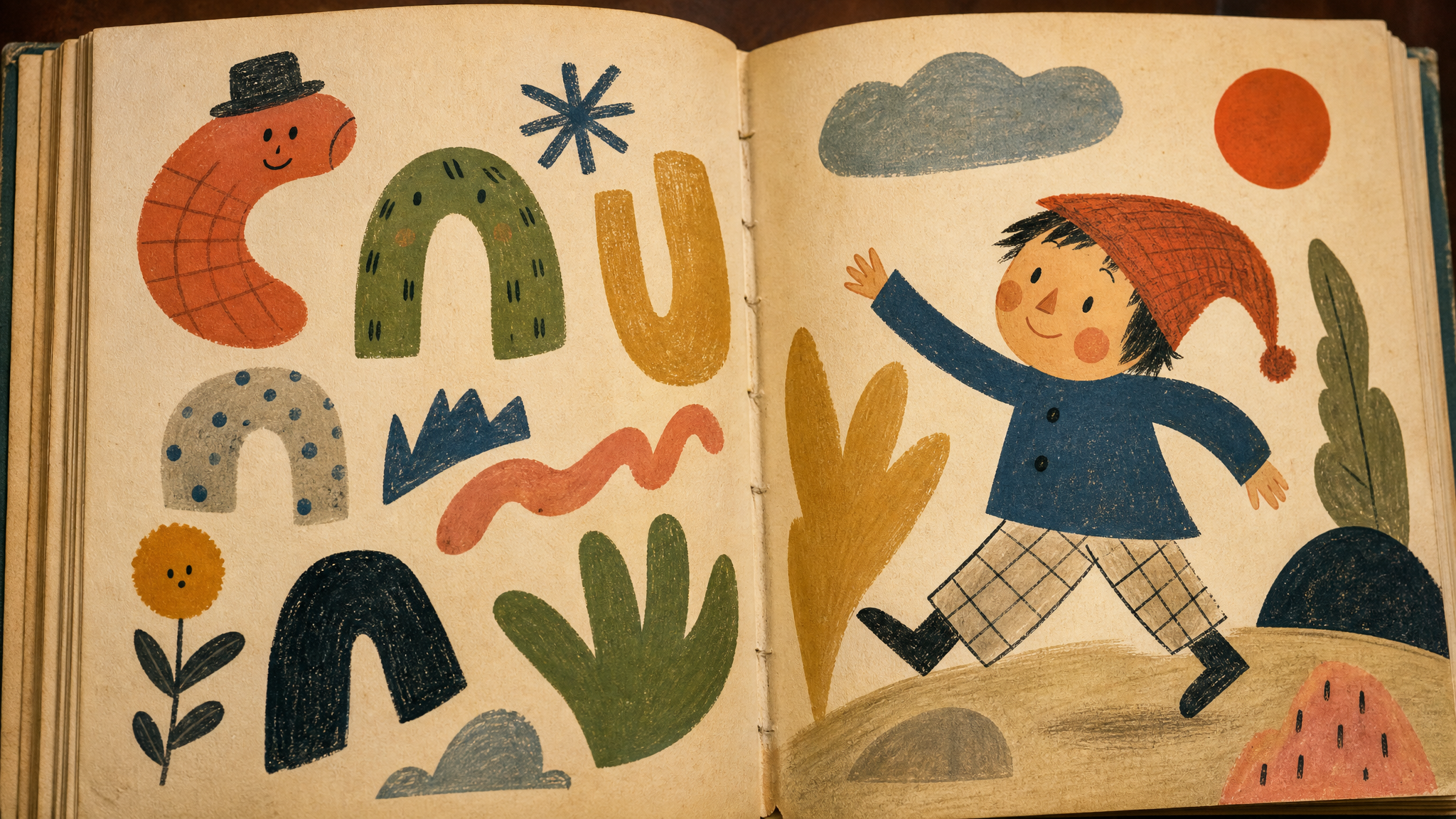 Close view of an illustrated children’s booklet spread with lively lettering shapes and a friendly character figure