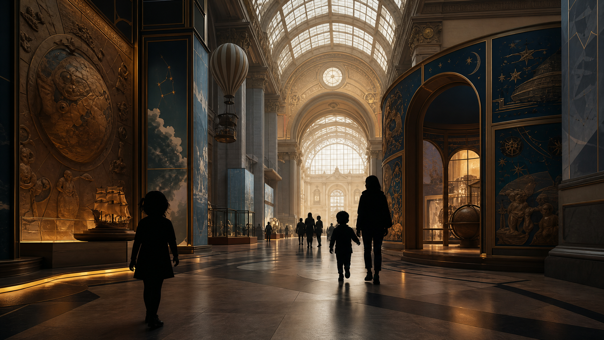 Child-height view into a grand exhibition hall with wayfinding, display structures, and inviting graphic surfaces