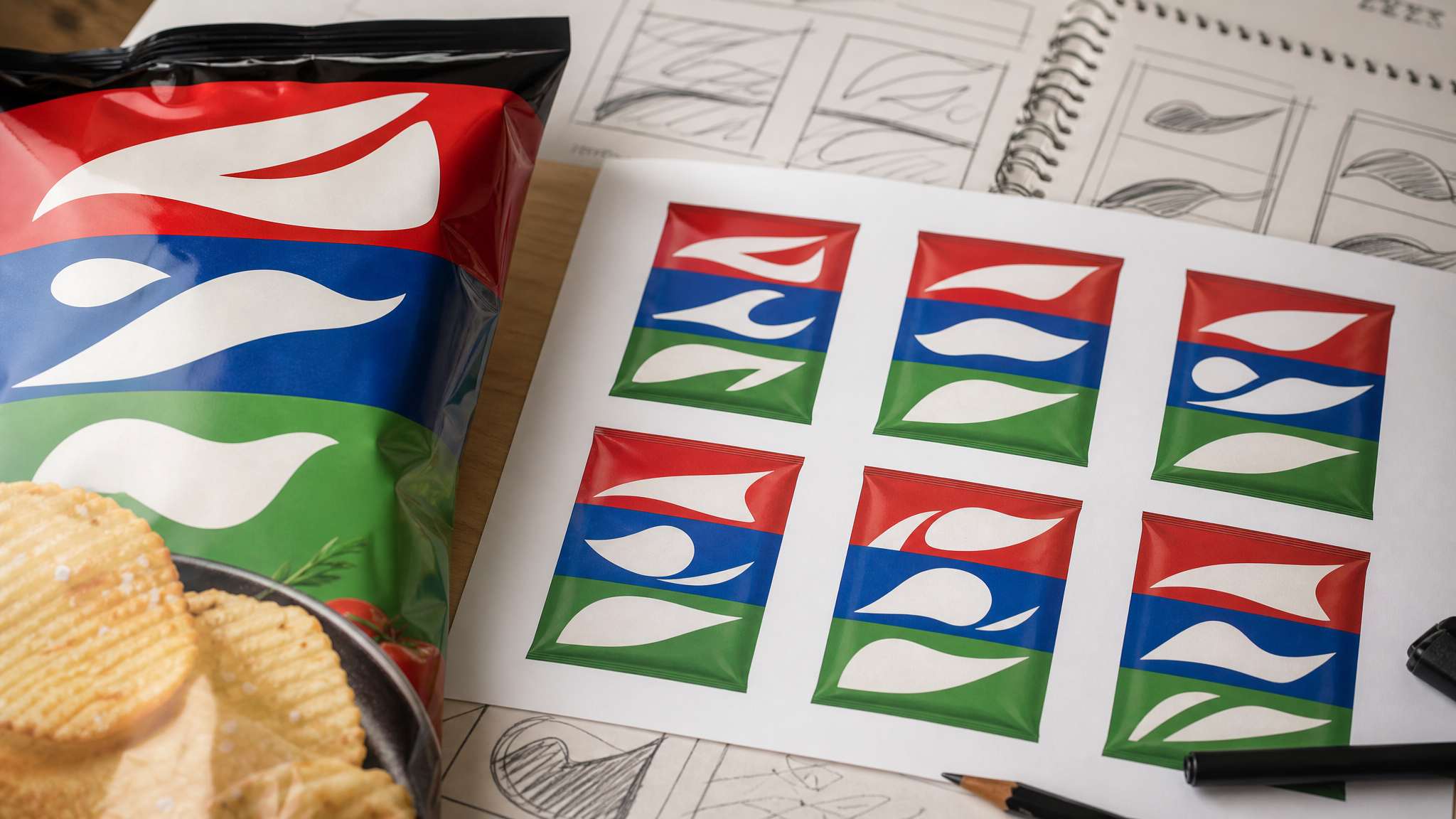 Close crop of a striped product label area with interchangeable short action words suggested through abstract letter blocks