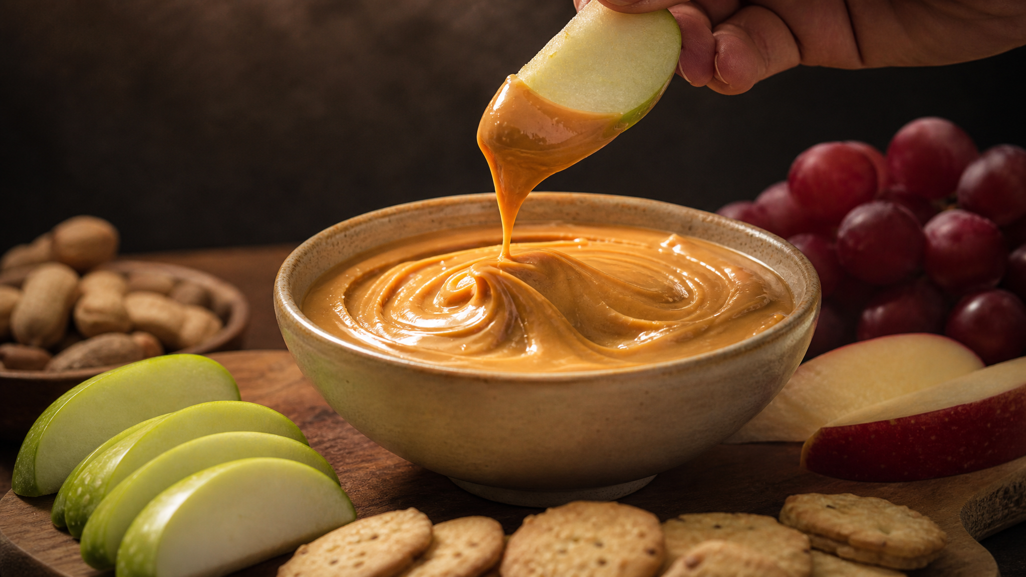High-detail food setup with peanut butter being stirred and dipped under controlled studio lighting
