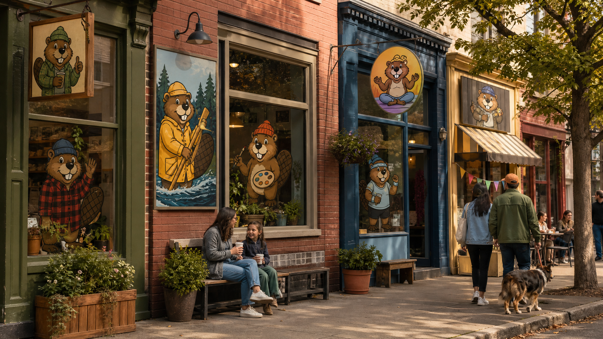 A collage of independent storefront windows displaying different beaver-themed mascot posters and decals