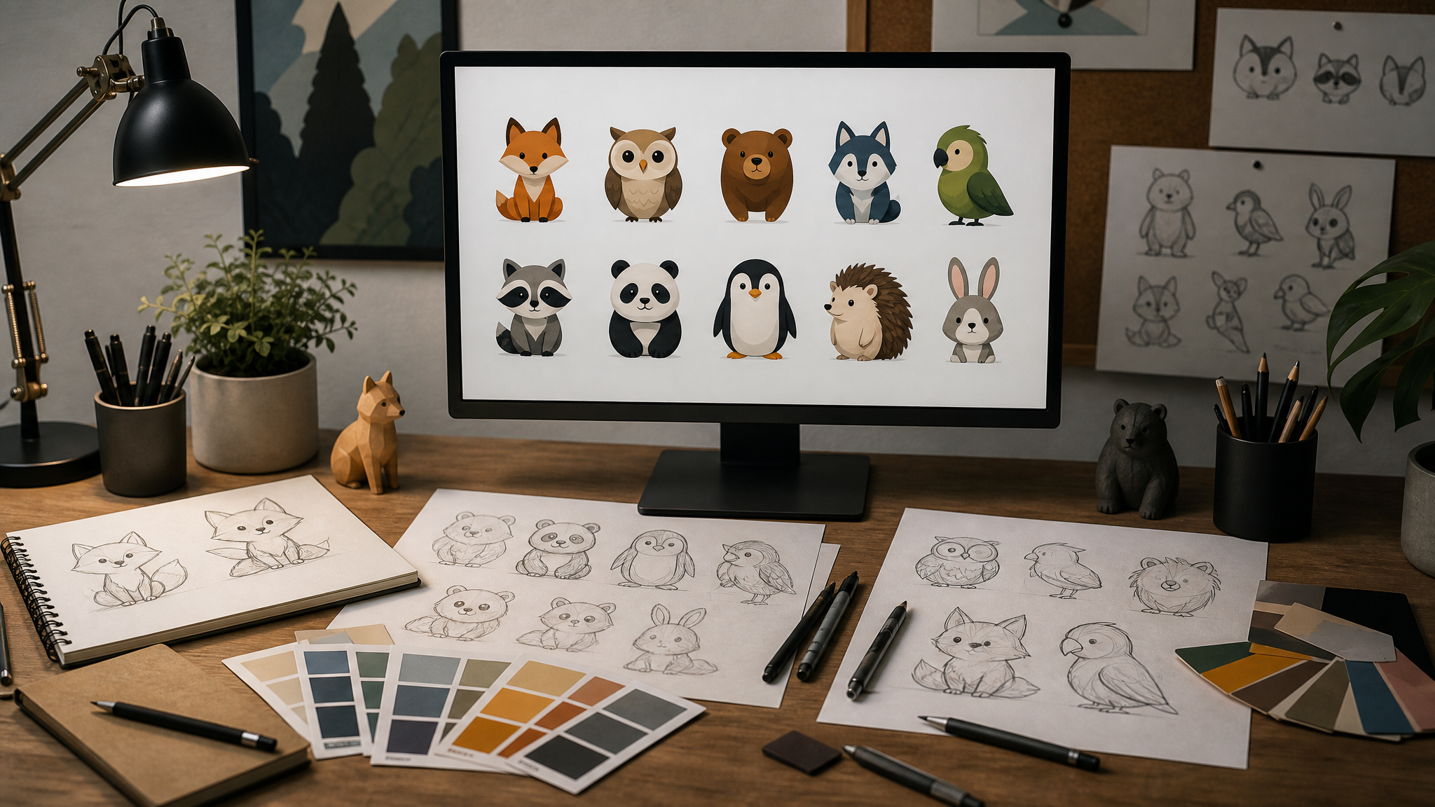 A designer's desk with rough mascot sketches beside an AI-generated animal icon sheet on a monitor