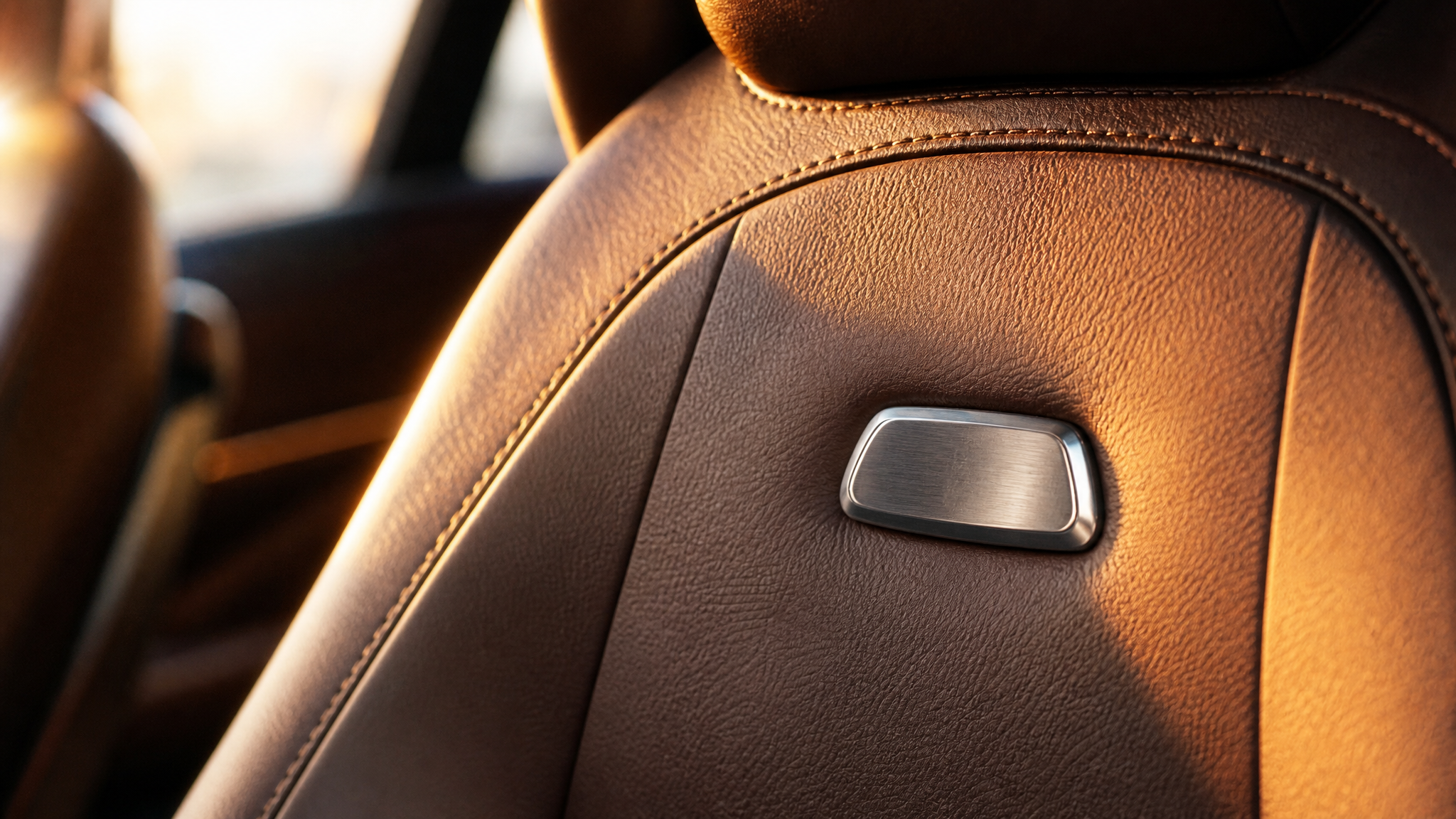 Close view of a metal insert embedded in stitched leather upholstery where a shoulder would brush during entry