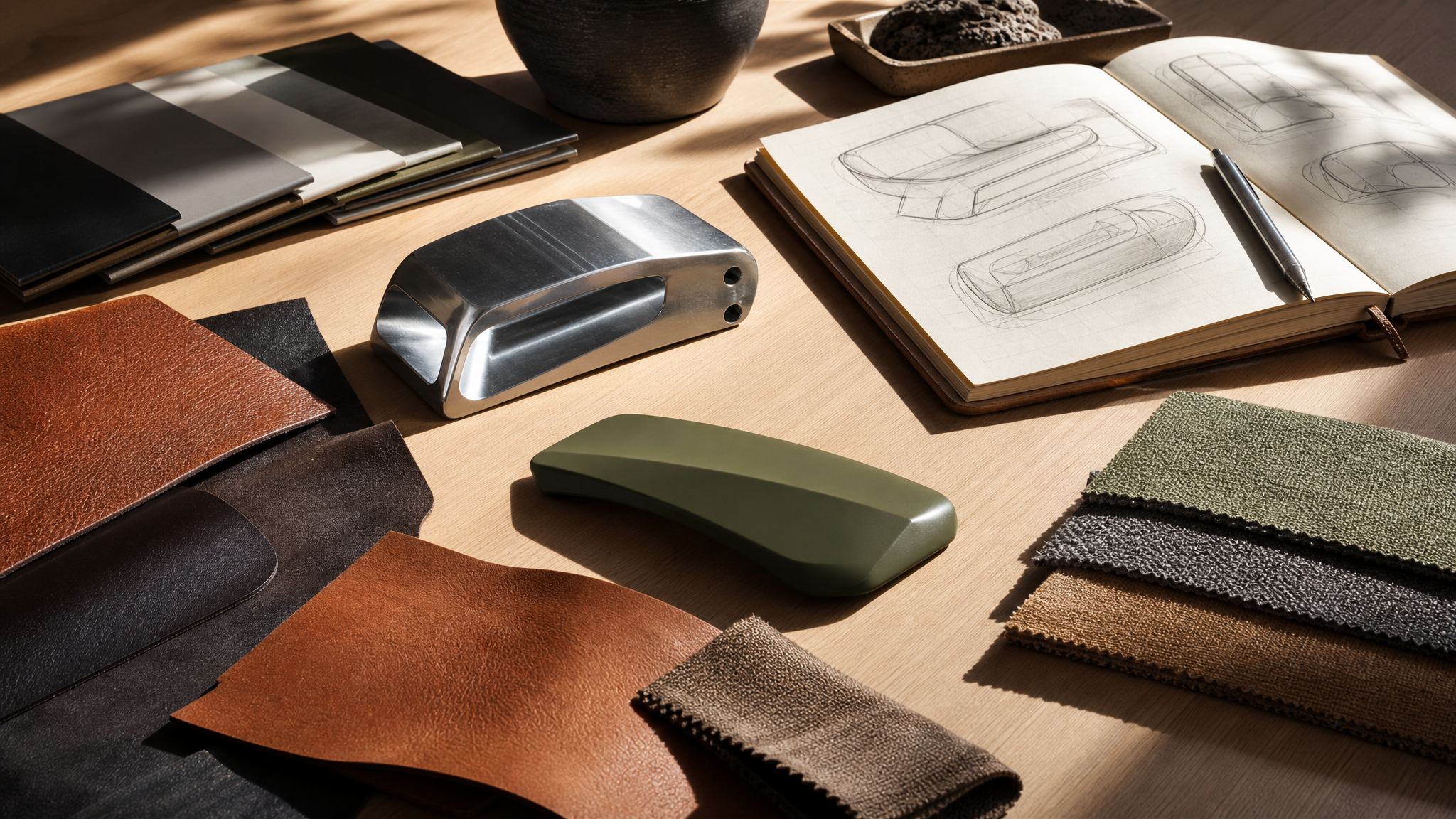 Design review table with material samples including metal and painted plastic under direct warm light