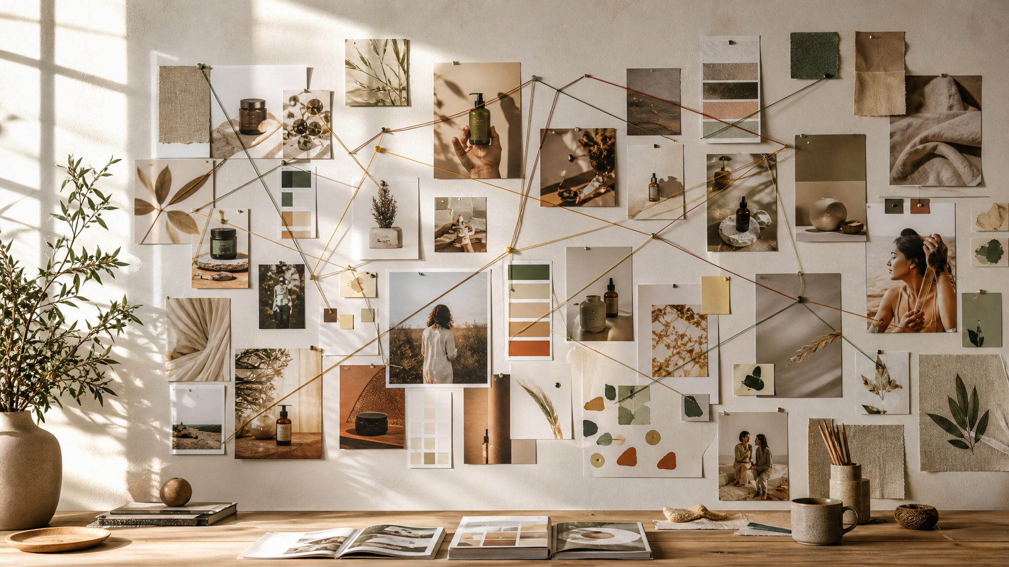 Pinned wall of brand assets including product photos, creator imagery, sticky-note color swatches, and connection lines between content types