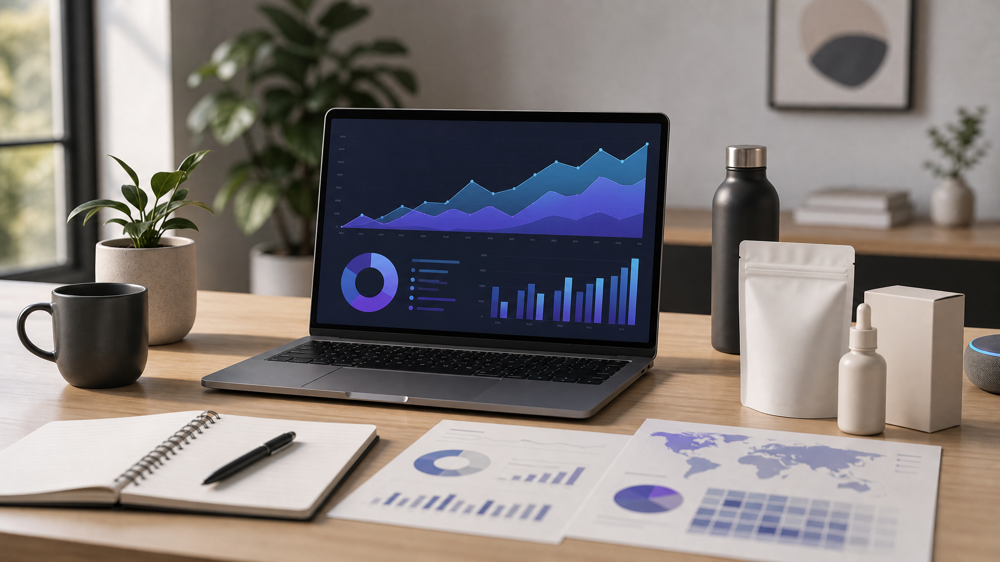 Analytics workspace with layered charts, referral trend lines, and a laptop beside physical brand materials