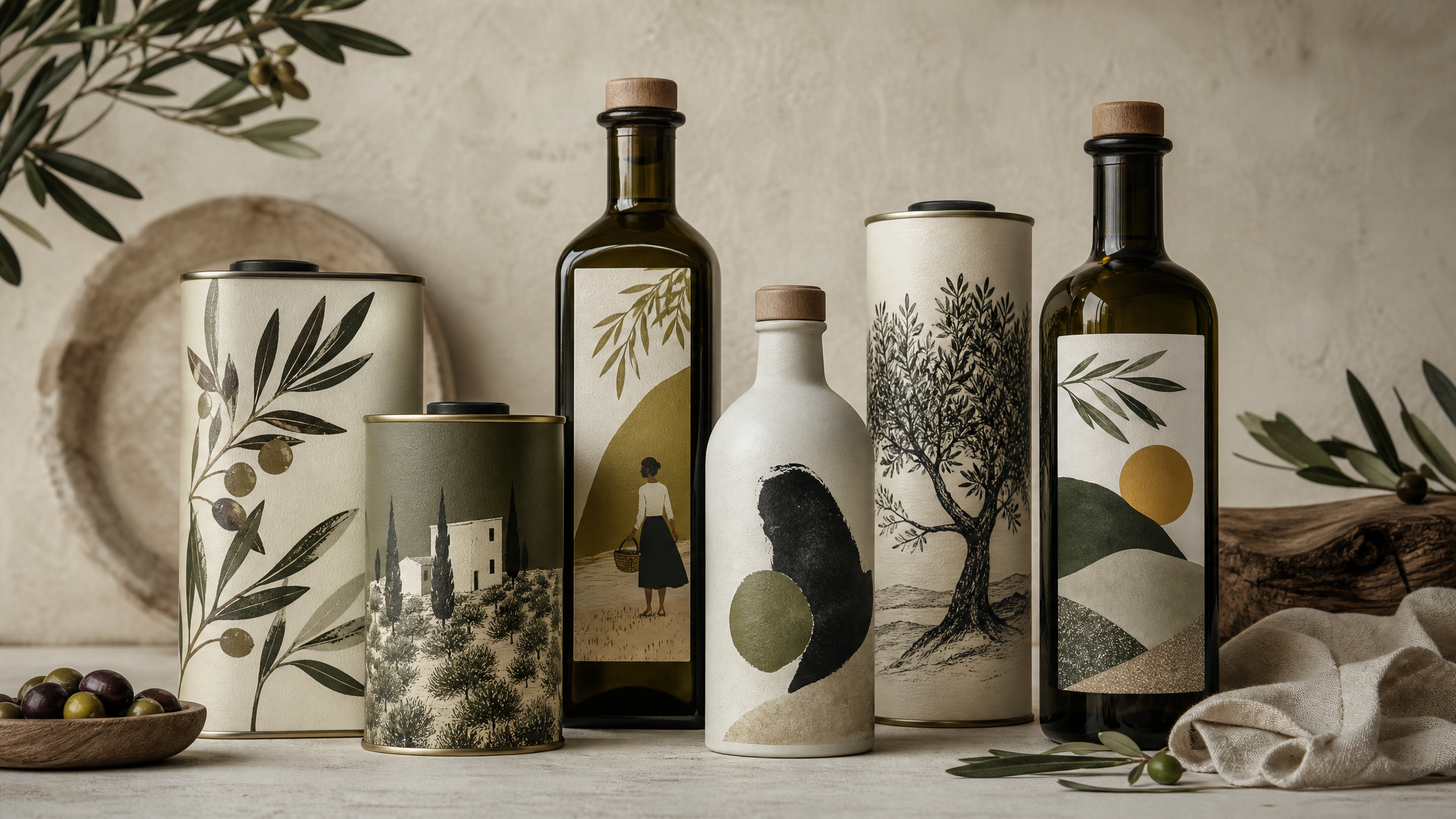 Grouped olive oil cans and bottles with distinctly different illustrated labels arranged as one cohesive family