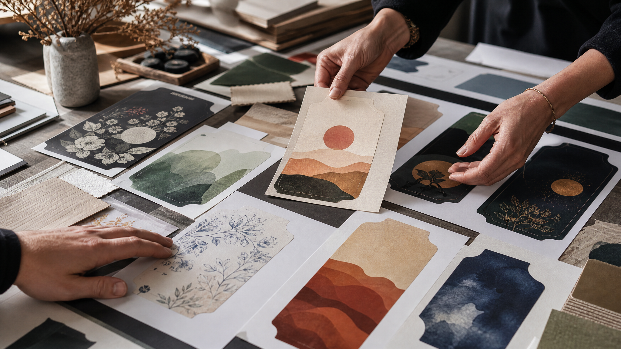 Close-up of hands sorting illustrated label proofs from different artists on a design studio table