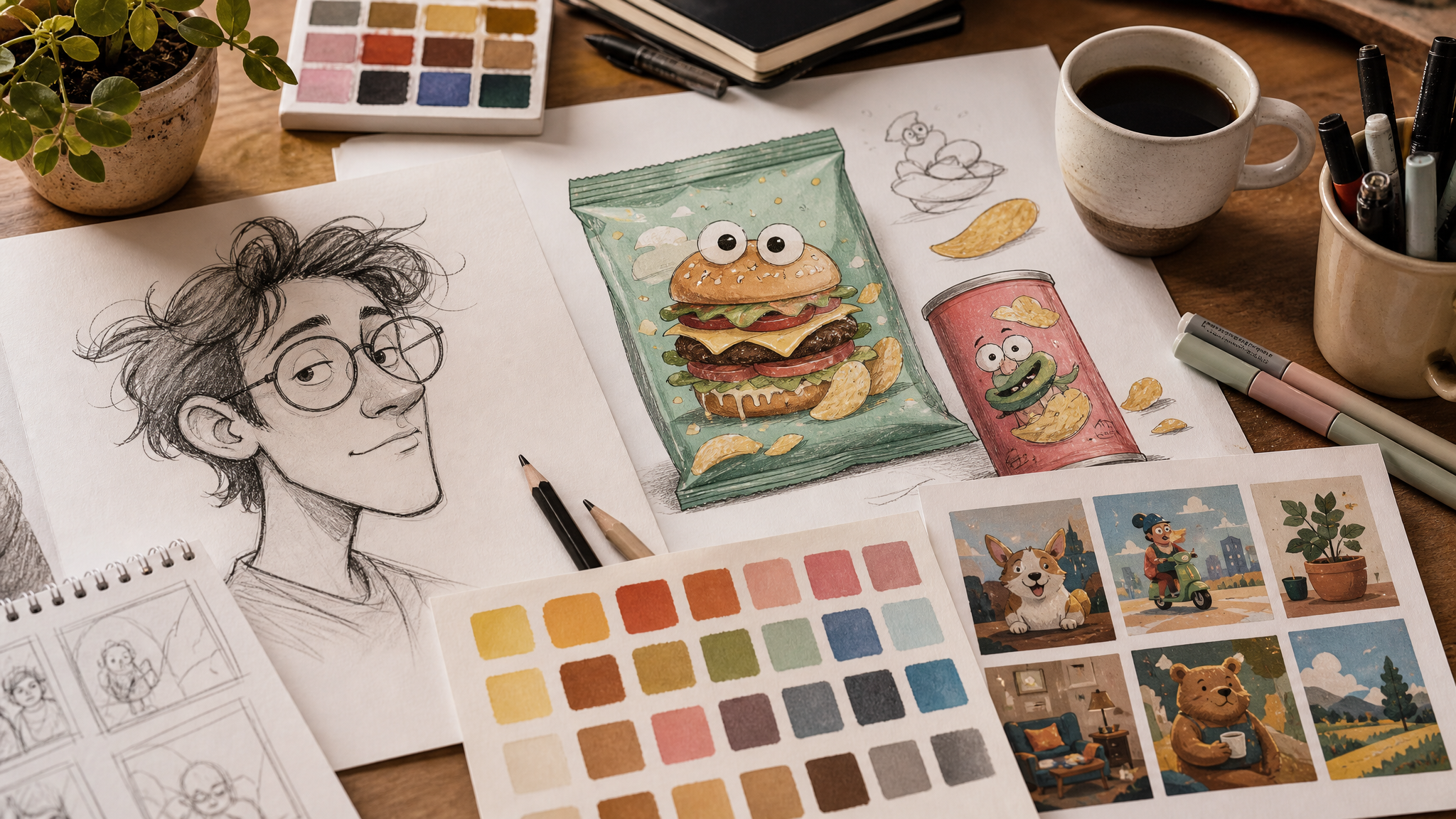 Desk with a parody-style food packaging sketch beside a cartoon portrait draft and social post layout thumbnails