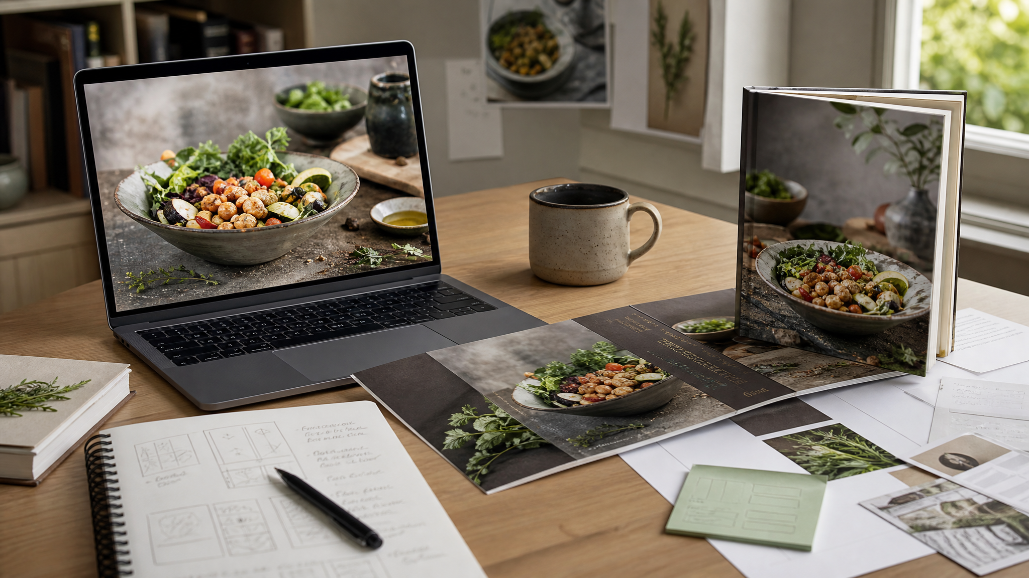 Synthetic cookbook concept displayed on a laptop beside printed mock covers and notes about visual implication