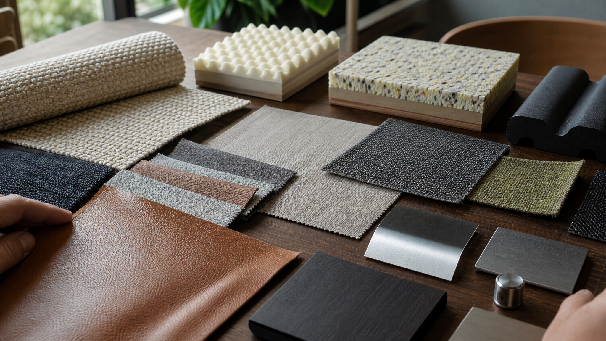 Designer workspace with material samples including leather, fabric, foam, and metal arranged for tactile review