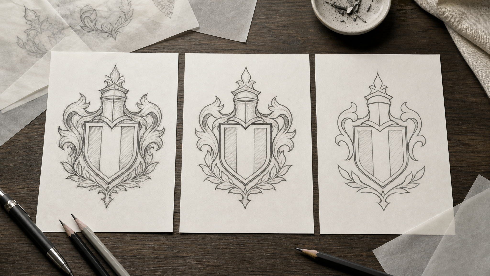 Close view of three similar crest redraws with slight differences in outlines, ornament, and spacing on a tabletop