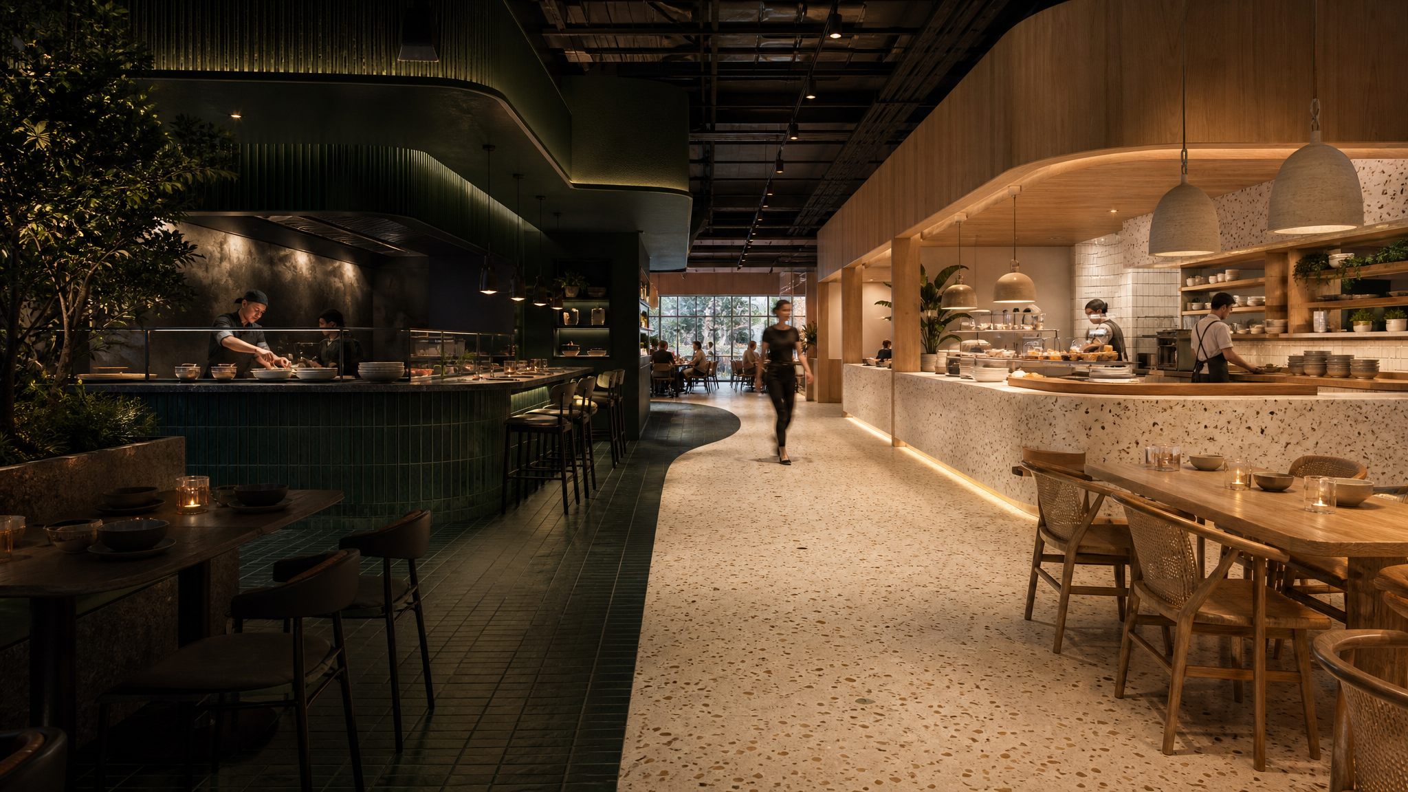 Open-plan restaurant interior divided into two distinct ordering zones with different materials and counter forms