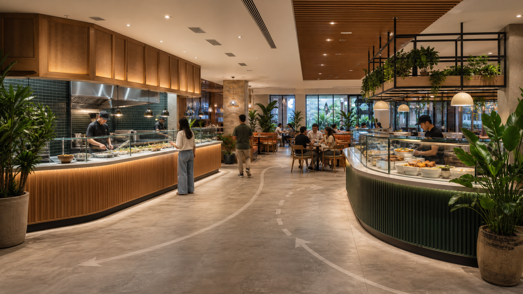 Large restaurant footprint showing one dessert-focused counter and one snack-focused counter using former extra floor area efficiently