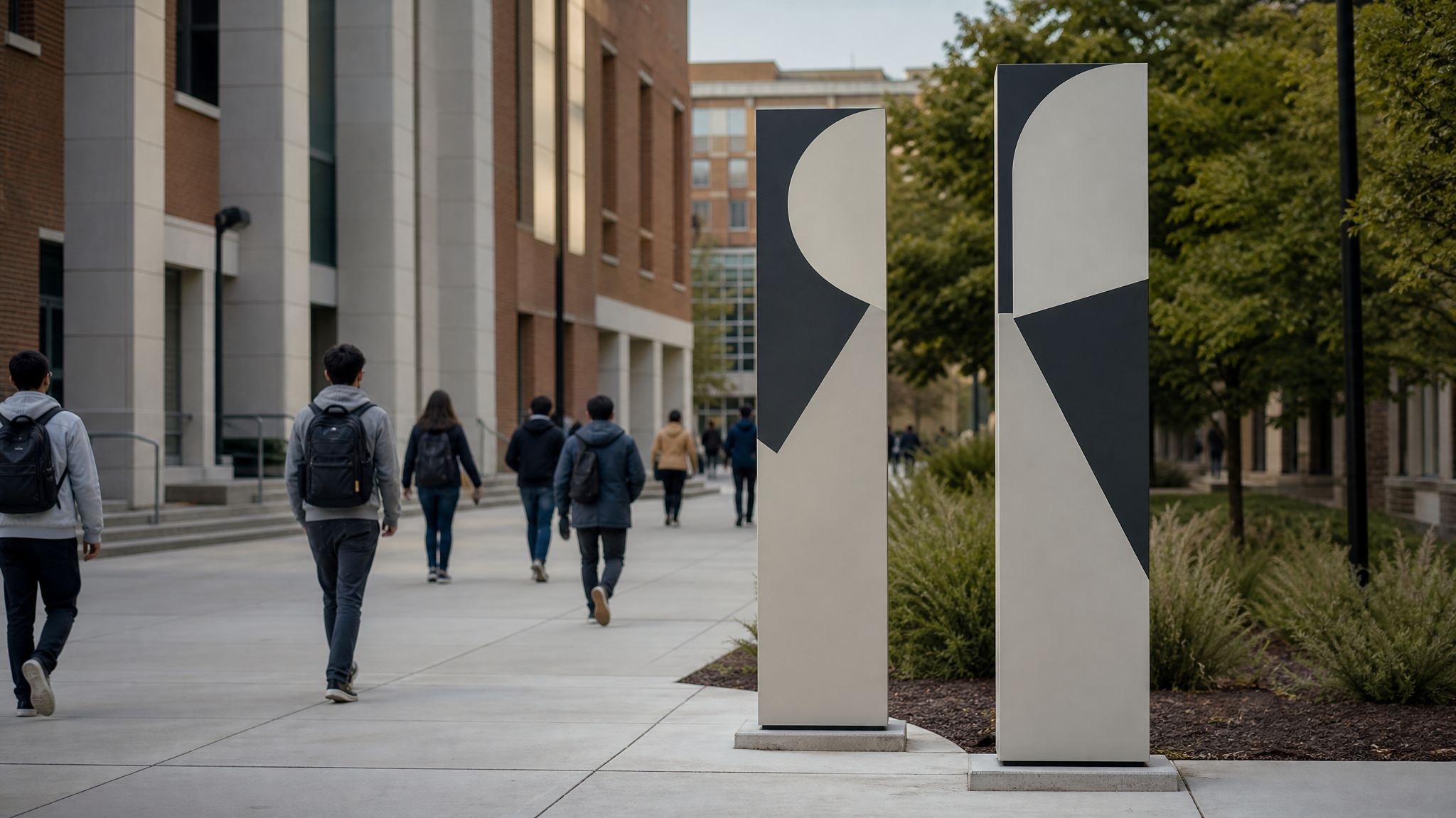 Two abstract campus wayfinding pylons with similar geometric letter-like forms standing near each other on an urban sidewalk