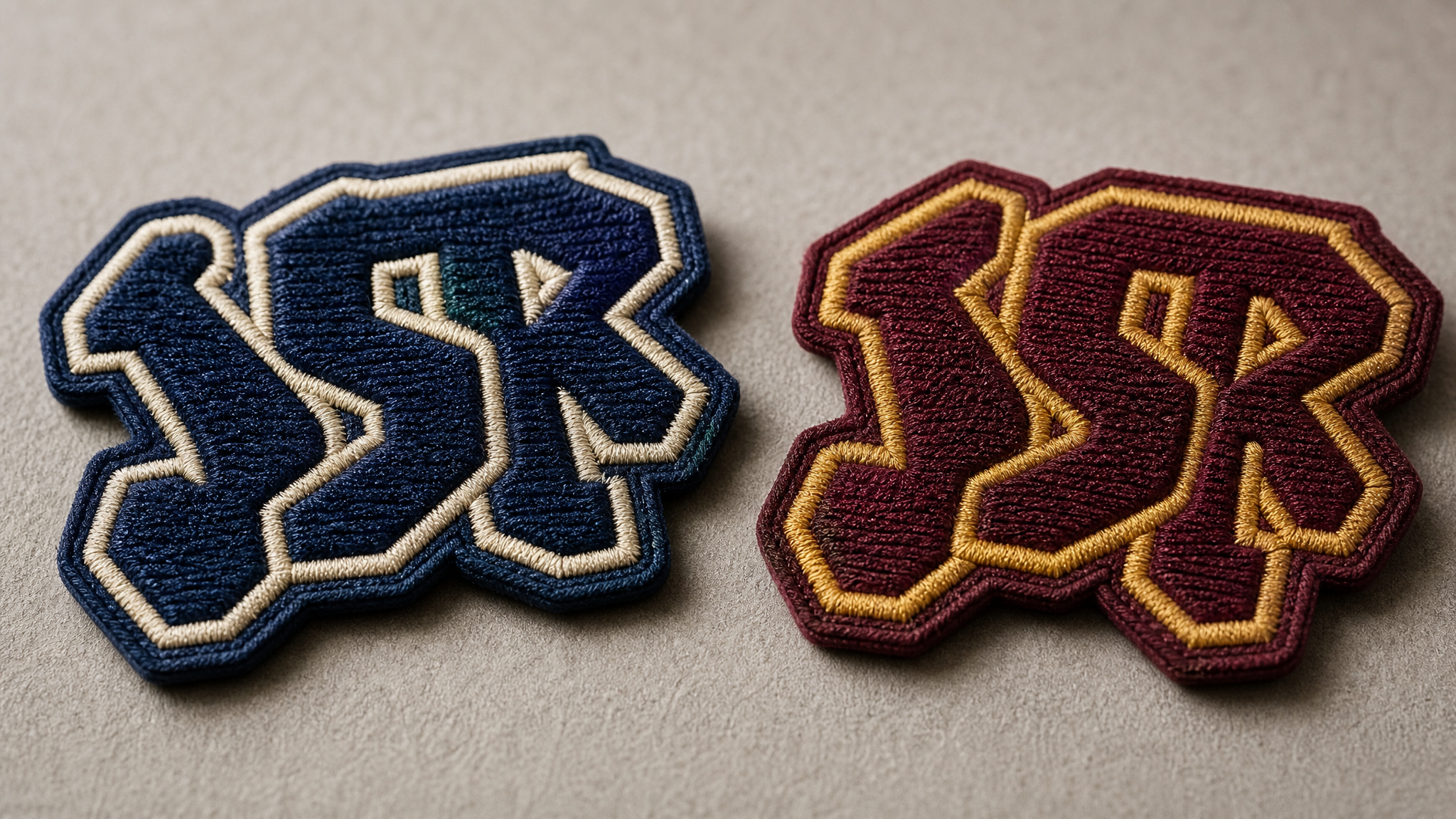 Close-up of embroidered varsity-style fabric patches made from similar short letter clusters, shown side by side without readable characters