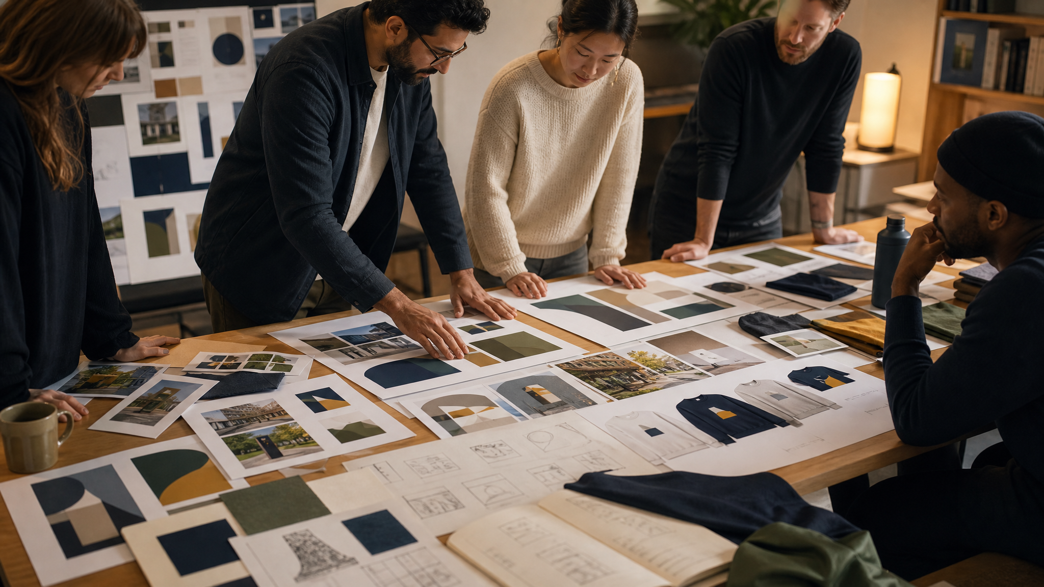 Design team reviewing printed naming options and campus mockups spread across a large table
