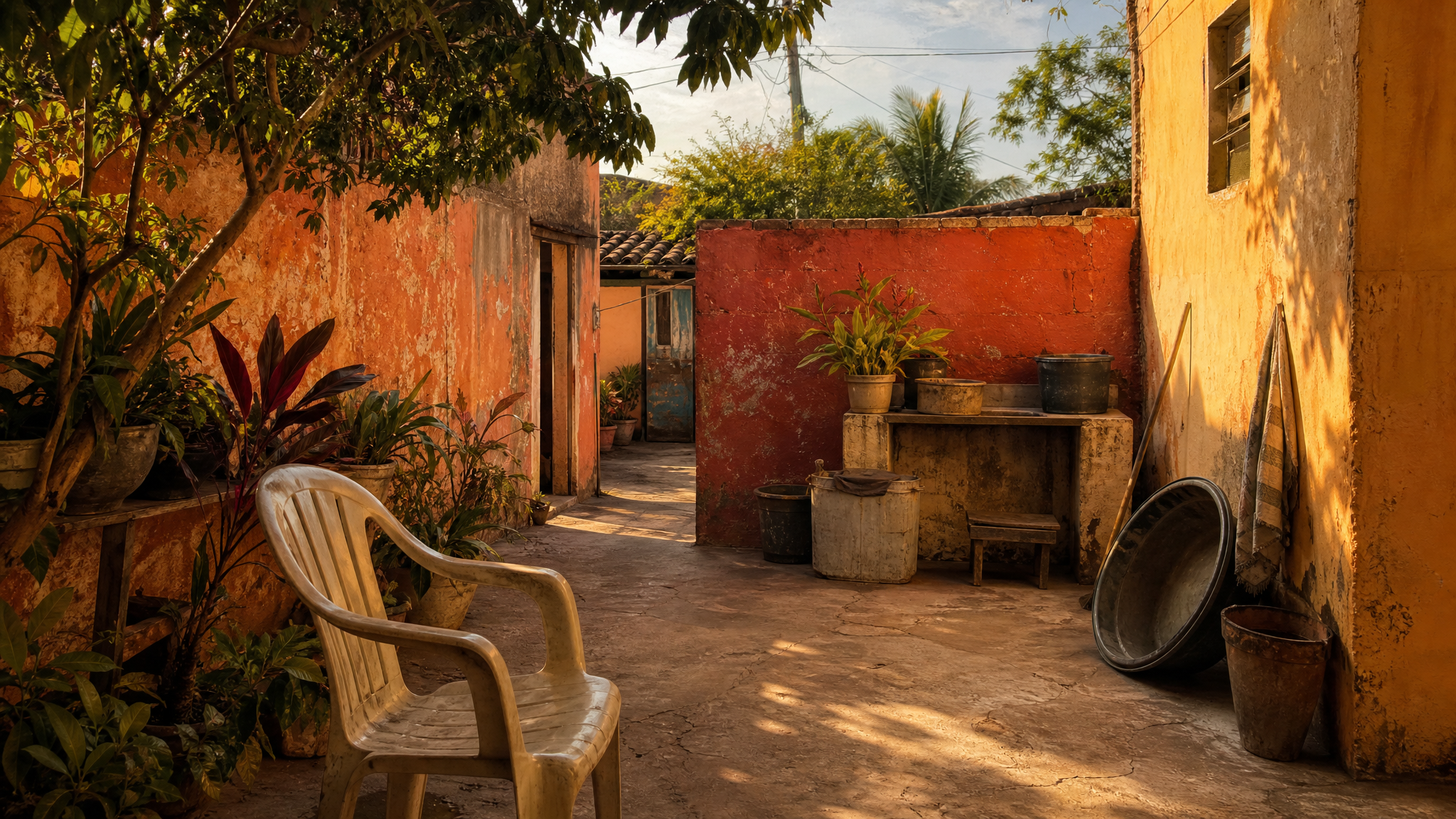 Sunlit backyard with warm painted walls, concrete floor, and worn household objects rendered in rough brush texture