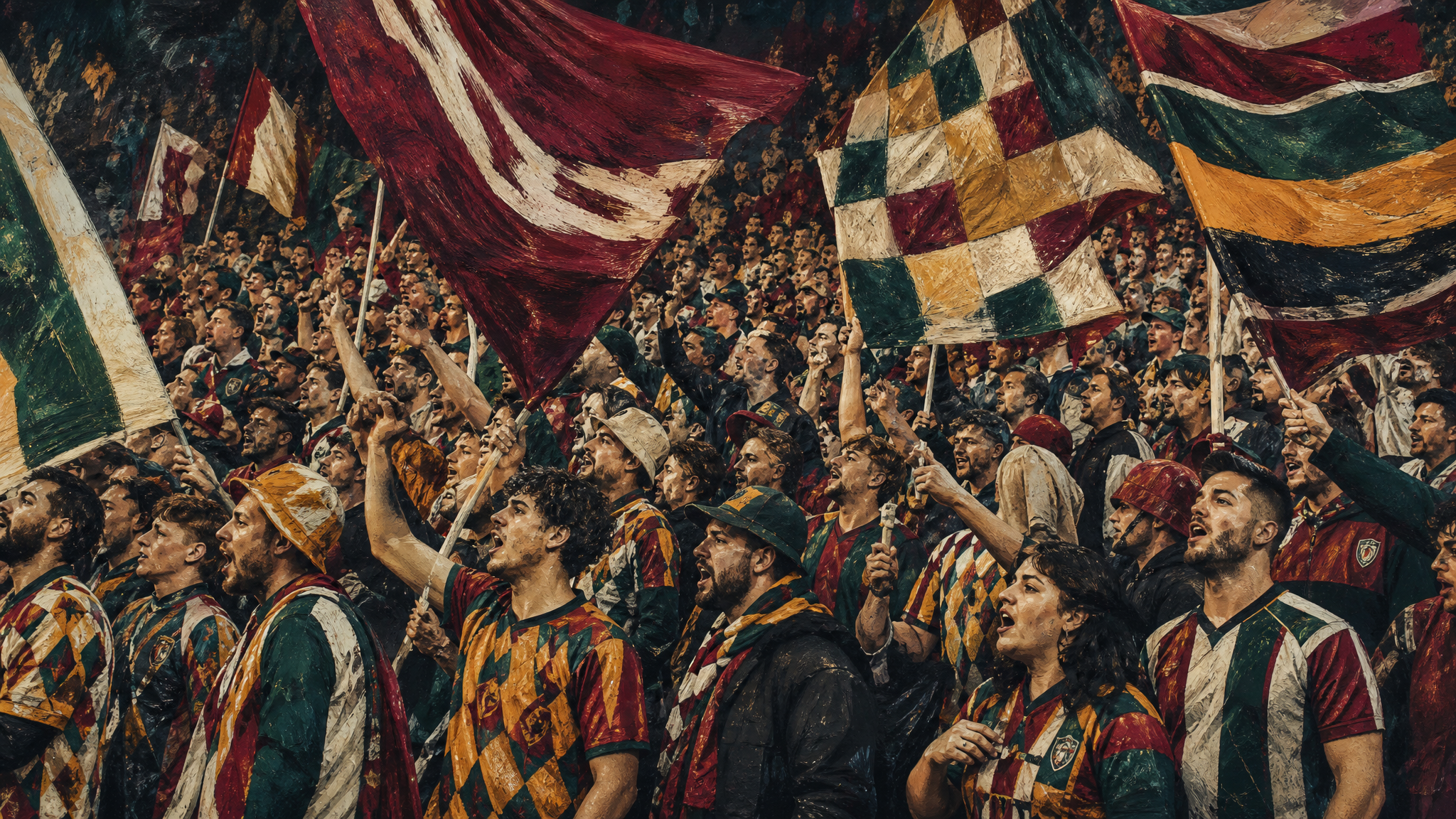 Football terrace scene with hand-held flags, patterned kits, and dense crowd color seen as a field of graphic detail