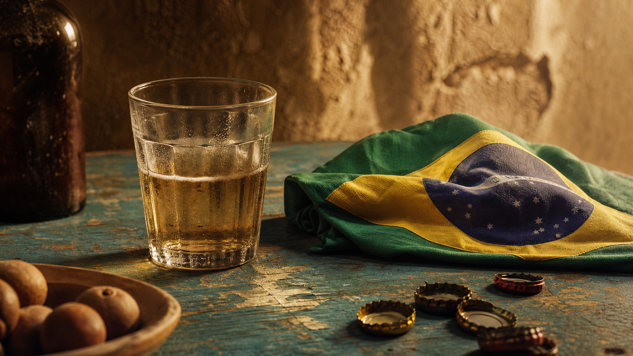 Tabletop arrangement of ordinary social objects including a simple bar glass, fabric flag, and sun-faded surfaces