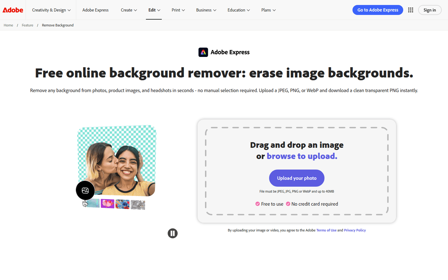 Screenshot of Adobe Express background remover feature page demonstrating a clean cutout.