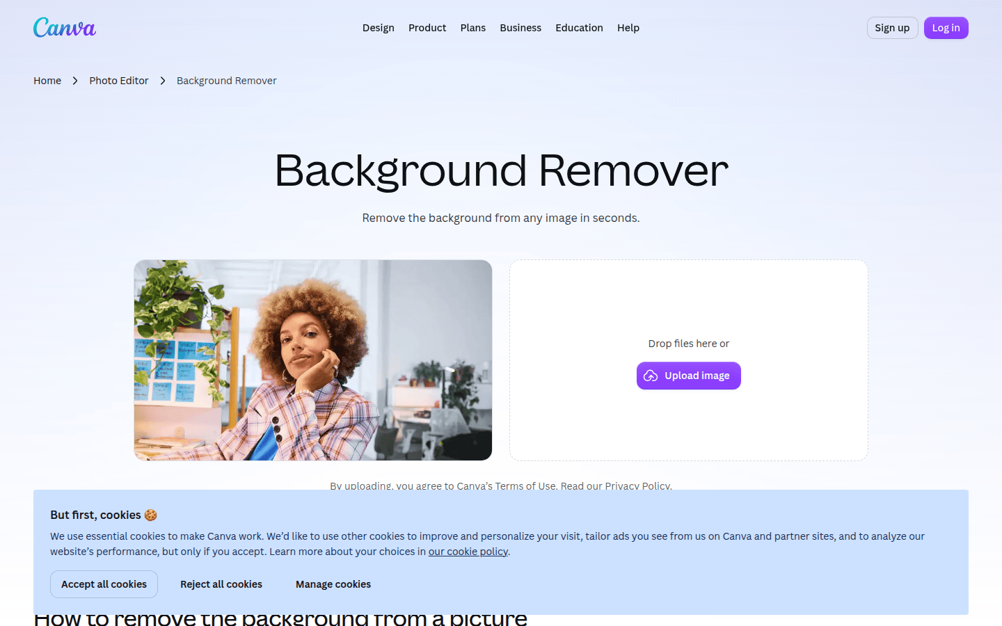 Screenshot of Canva's BG Remover feature page showing an image with a removed background in a design context.