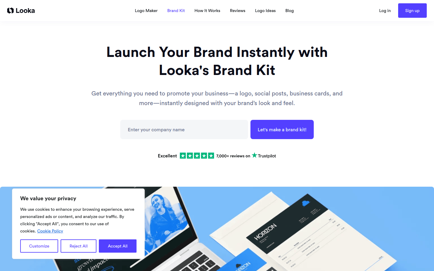 Looka Brand Kit page showing branded asset examples and brand kit positioning