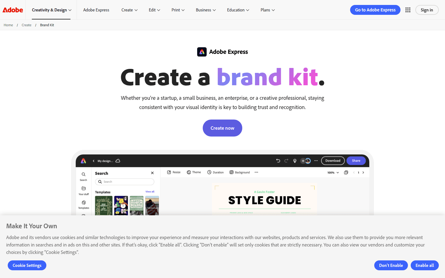Adobe Express Brand Kit page showing brand kit definition and collaborator sharing language
